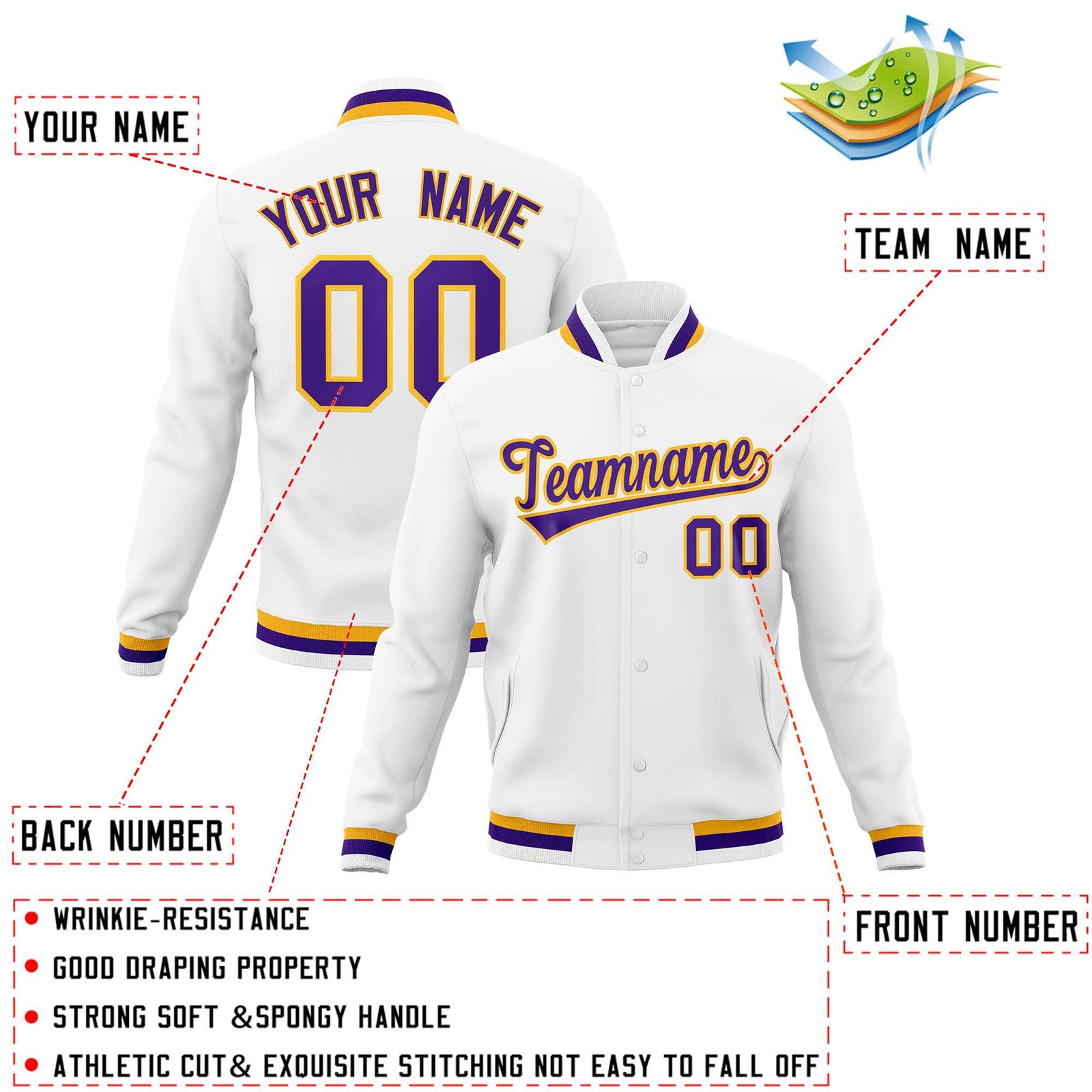 Custom White Purple-Gold Classic Style Varsity Full-Snap Letterman Jacket