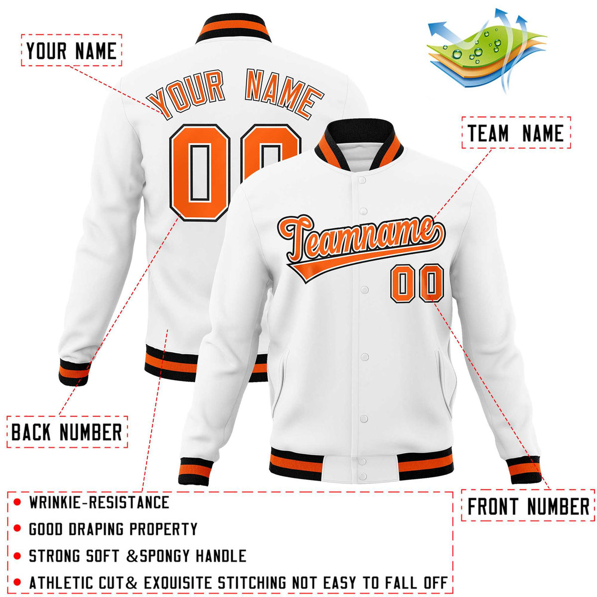 Custom White Orange-Black Classic Style Varsity Full-Snap Letterman Jacket