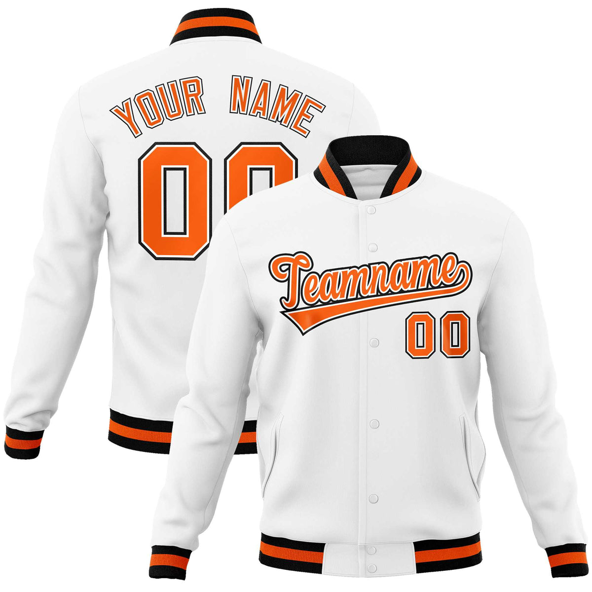 Custom White Orange-Black Classic Style Varsity Full-Snap Letterman Jacket