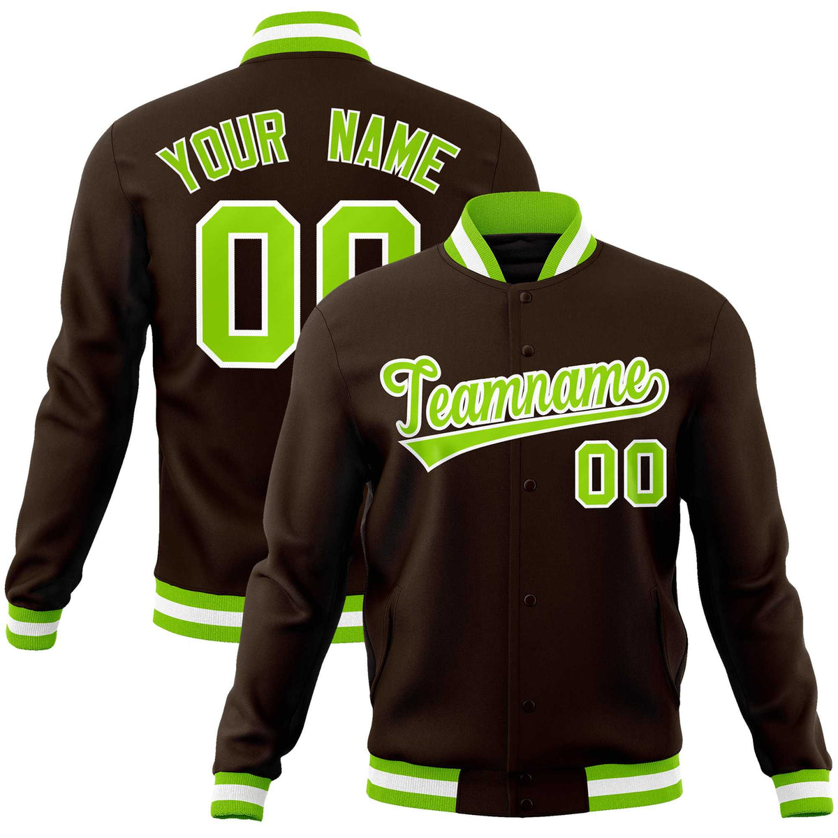 Custom Brown Neon Green-White Classic Style Varsity Full-Snap Letterman Jacket