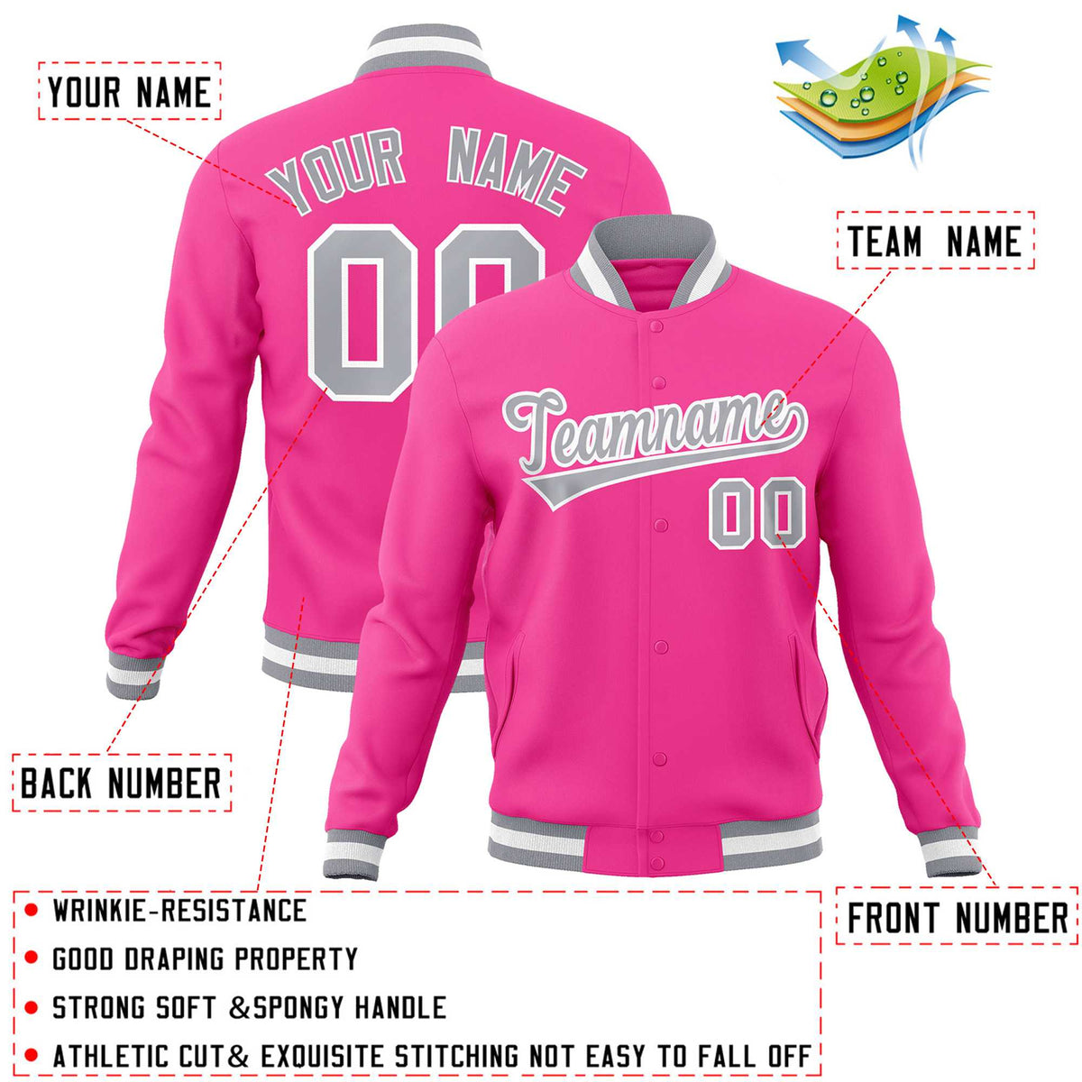Custom Pink Gray-White Classic Style Varsity Full-Snap Letterman Jacket
