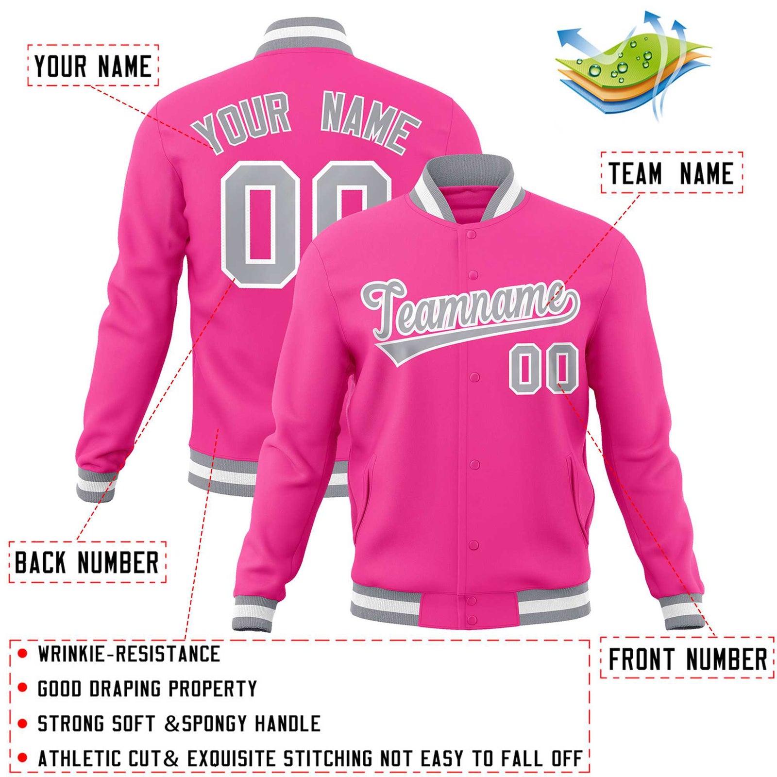 Custom Pink Gray-White Classic Style Varsity Full-Snap Letterman Jacket