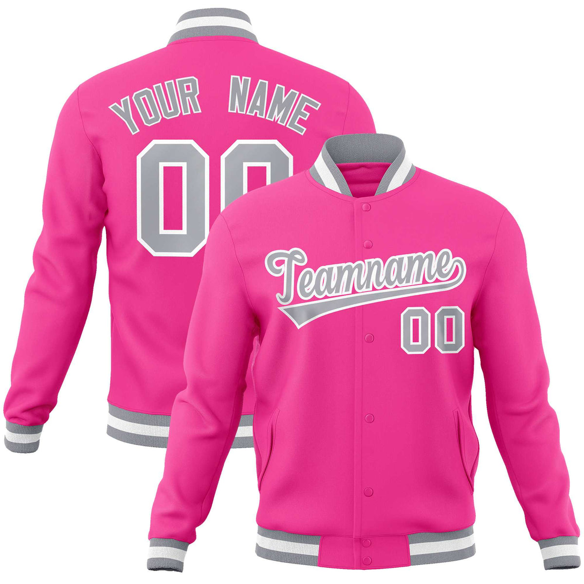 Custom Pink Gray-White Classic Style Varsity Full-Snap Letterman Jacket