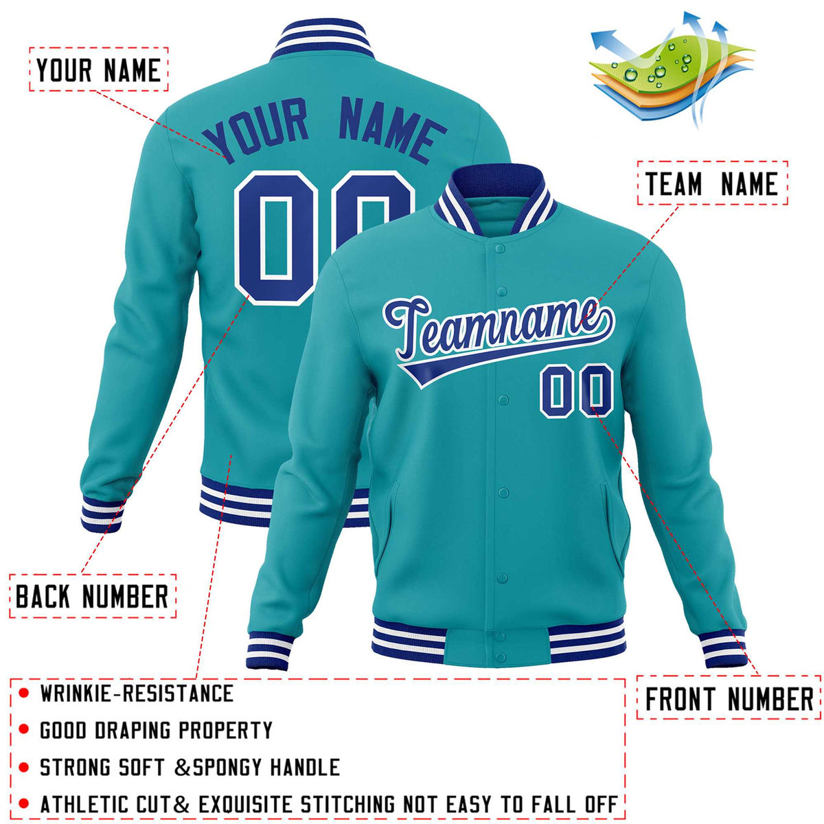 Custom Aqua Royal-White Classic Style Varsity Full-Snap Letterman Jacket