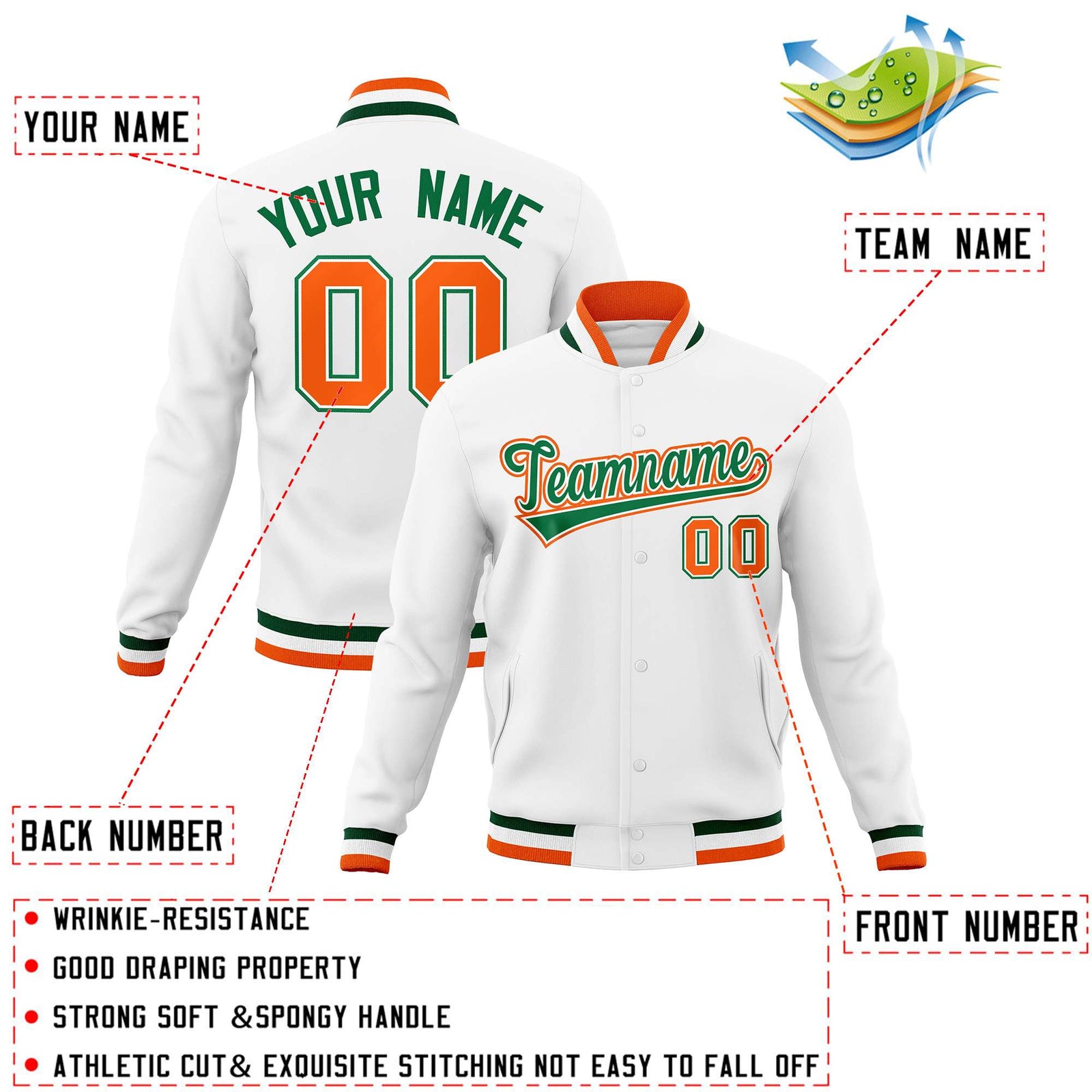 Custom White Green-Orange Classic Style Varsity Full-Snap Letterman Jacket