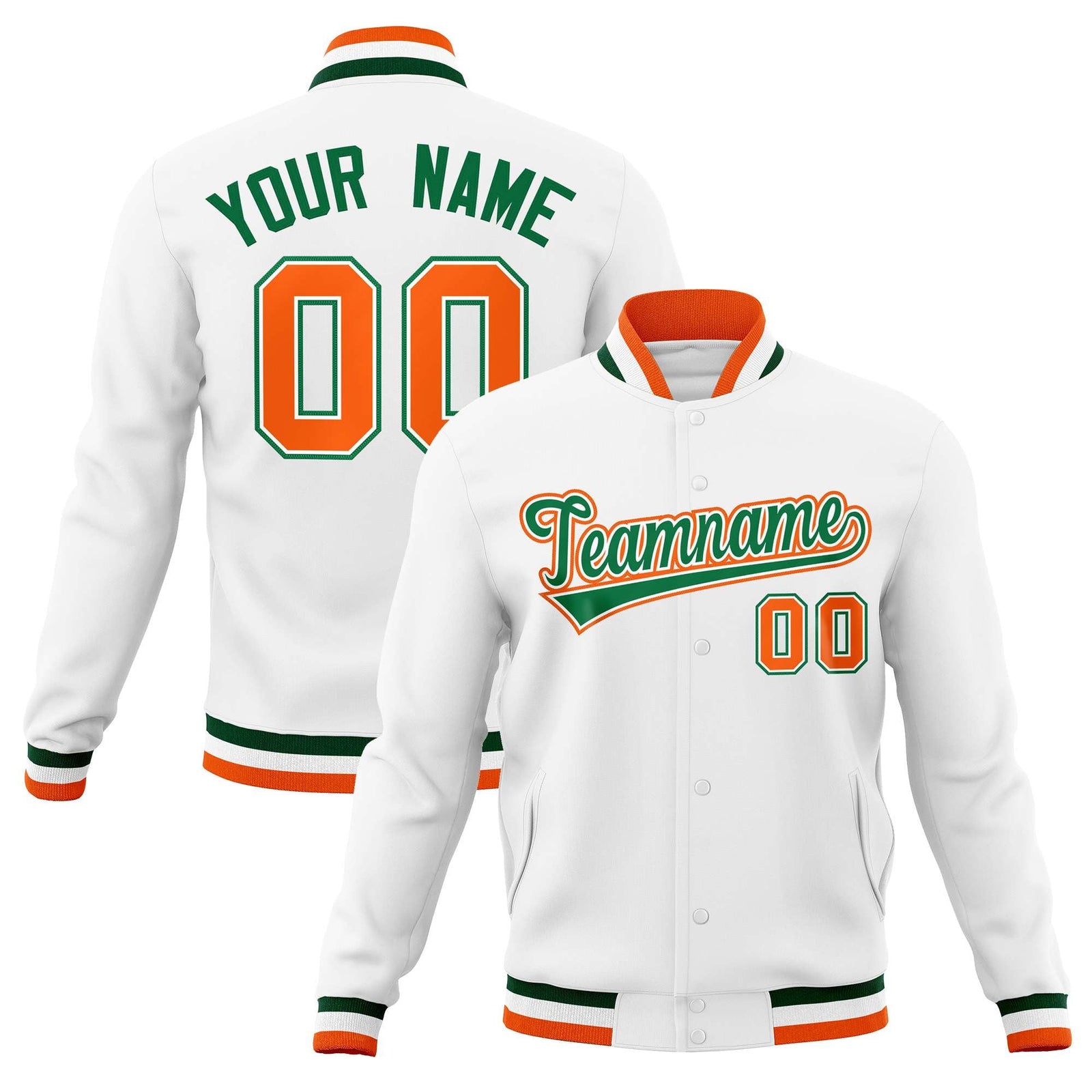 Custom White Green-Orange Classic Style Varsity Full-Snap Letterman Jacket