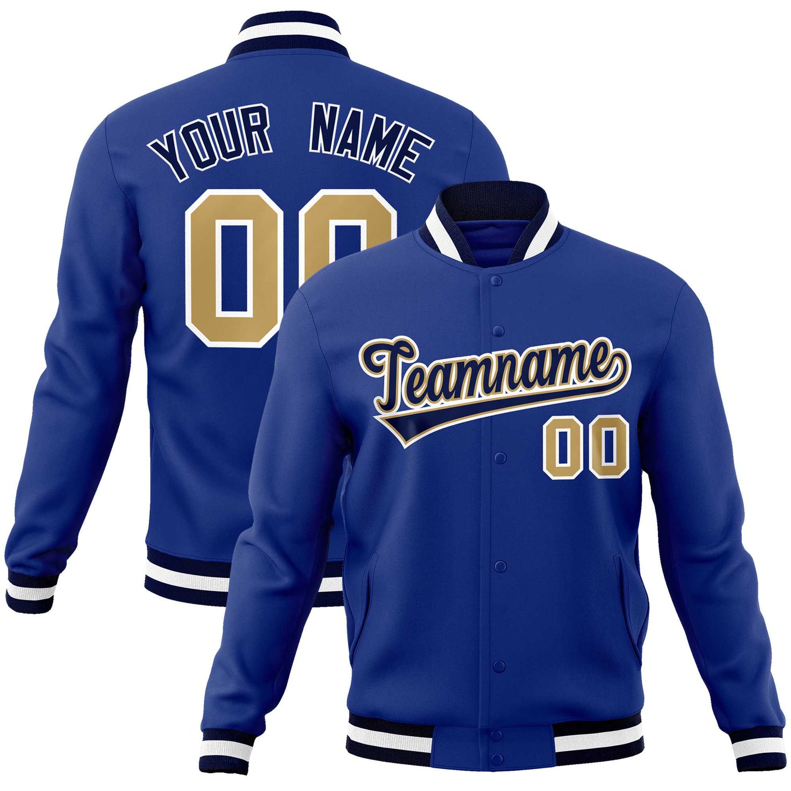 Custom Royal Navy-White Classic Style Varsity Full-Snap Letterman Jacket