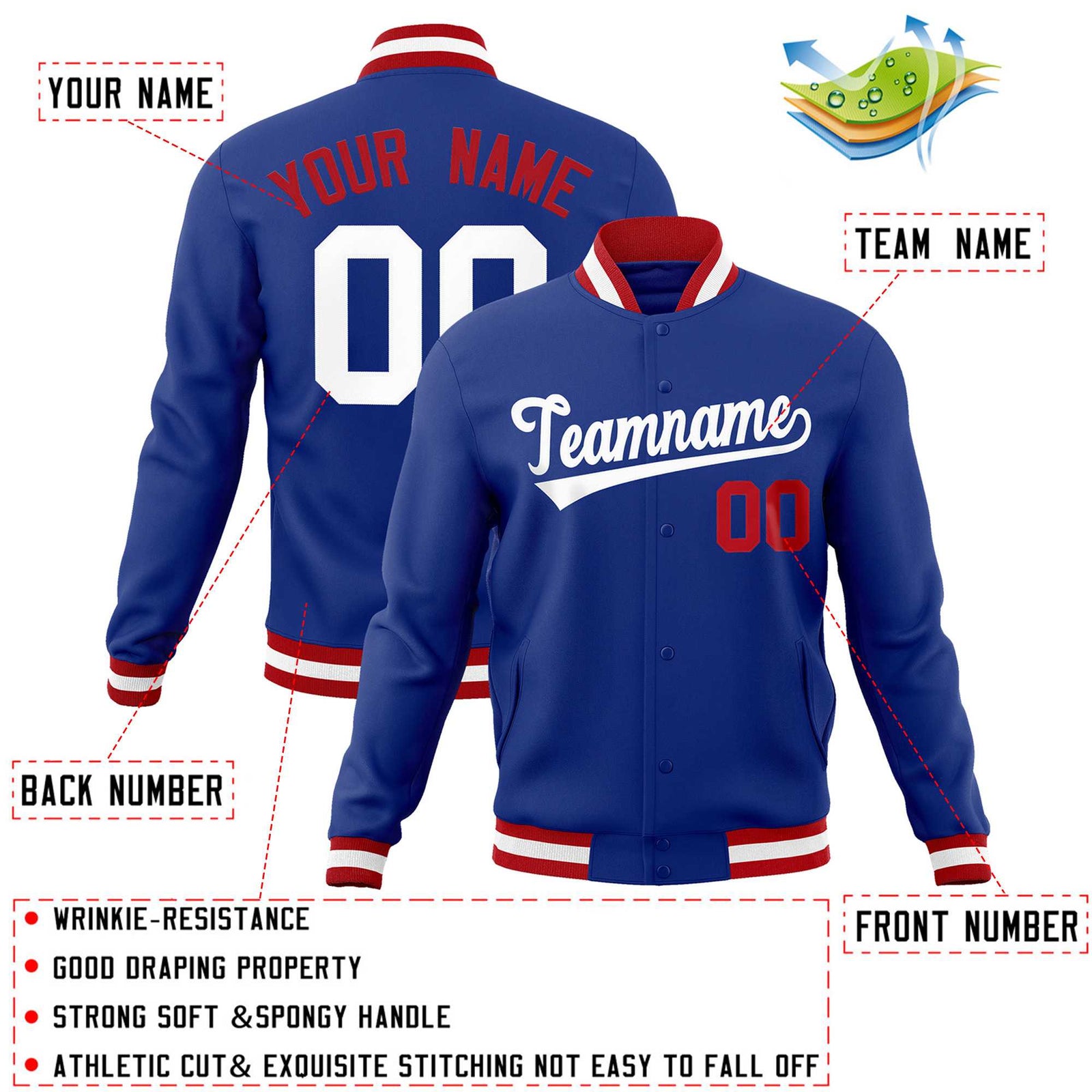 Custom Royal White Classic Style Varsity Full-Snap Letterman Jacket