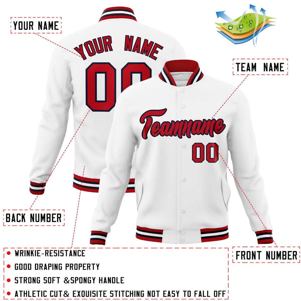 Custom White Red-Navy Classic Style Varsity Full-Snap Letterman Jacket