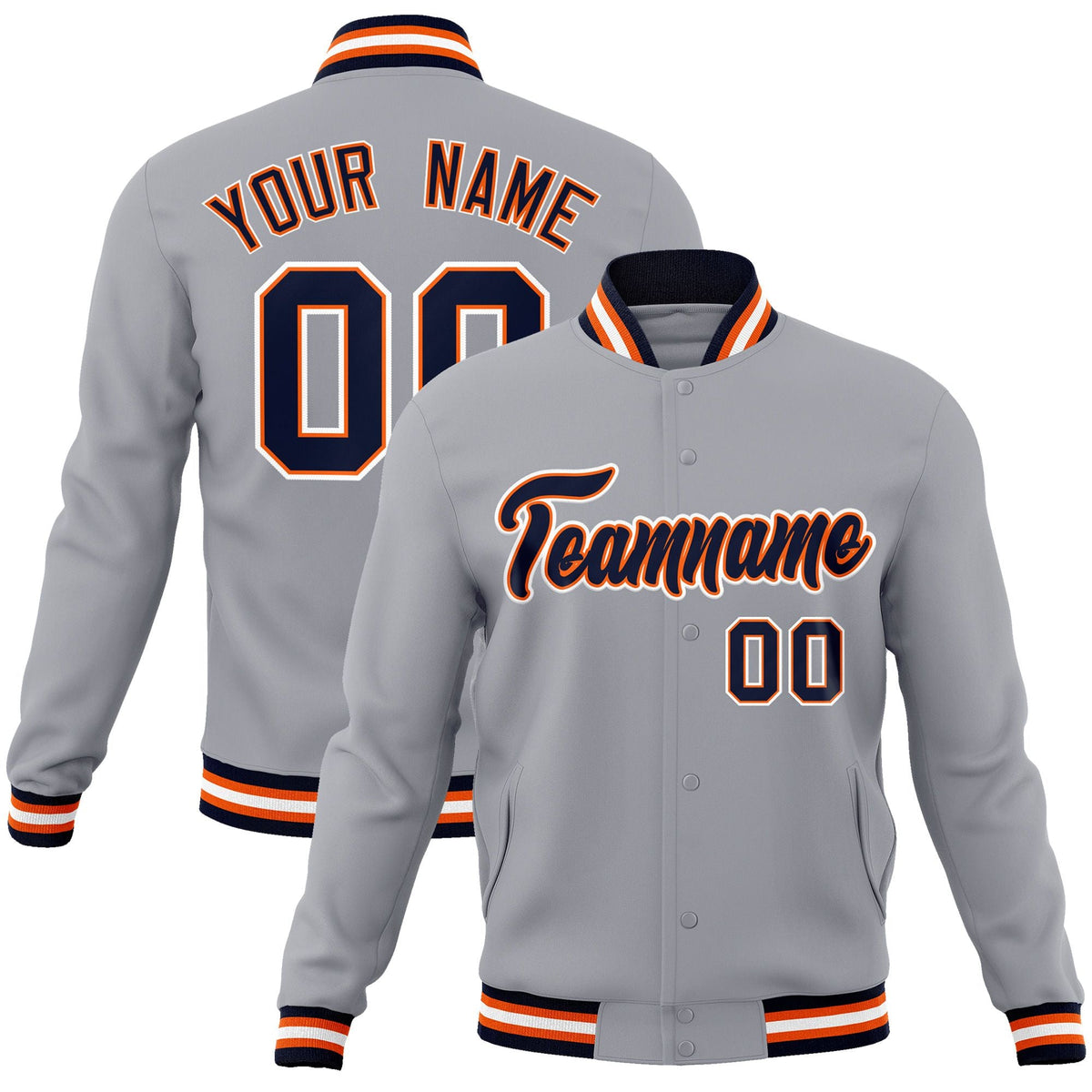 Custom Gray Navy-Orange Classic Style Varsity Full-Snap Letterman Jacket
