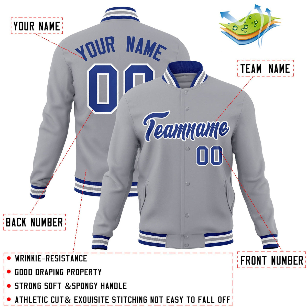Custom Gray Royal-White Classic Style Varsity Full-Snap Letterman Jacket