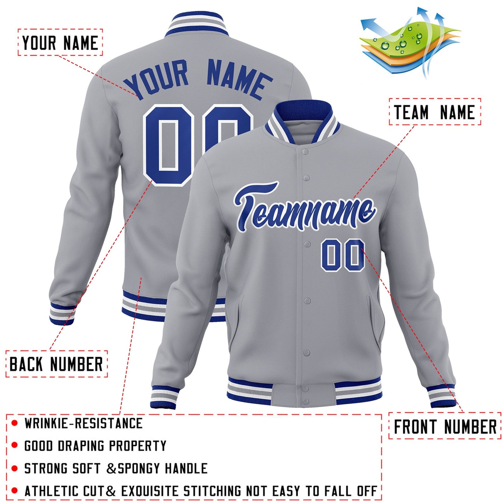 Custom Gray Royal-White Classic Style Varsity Full-Snap Letterman Jacket