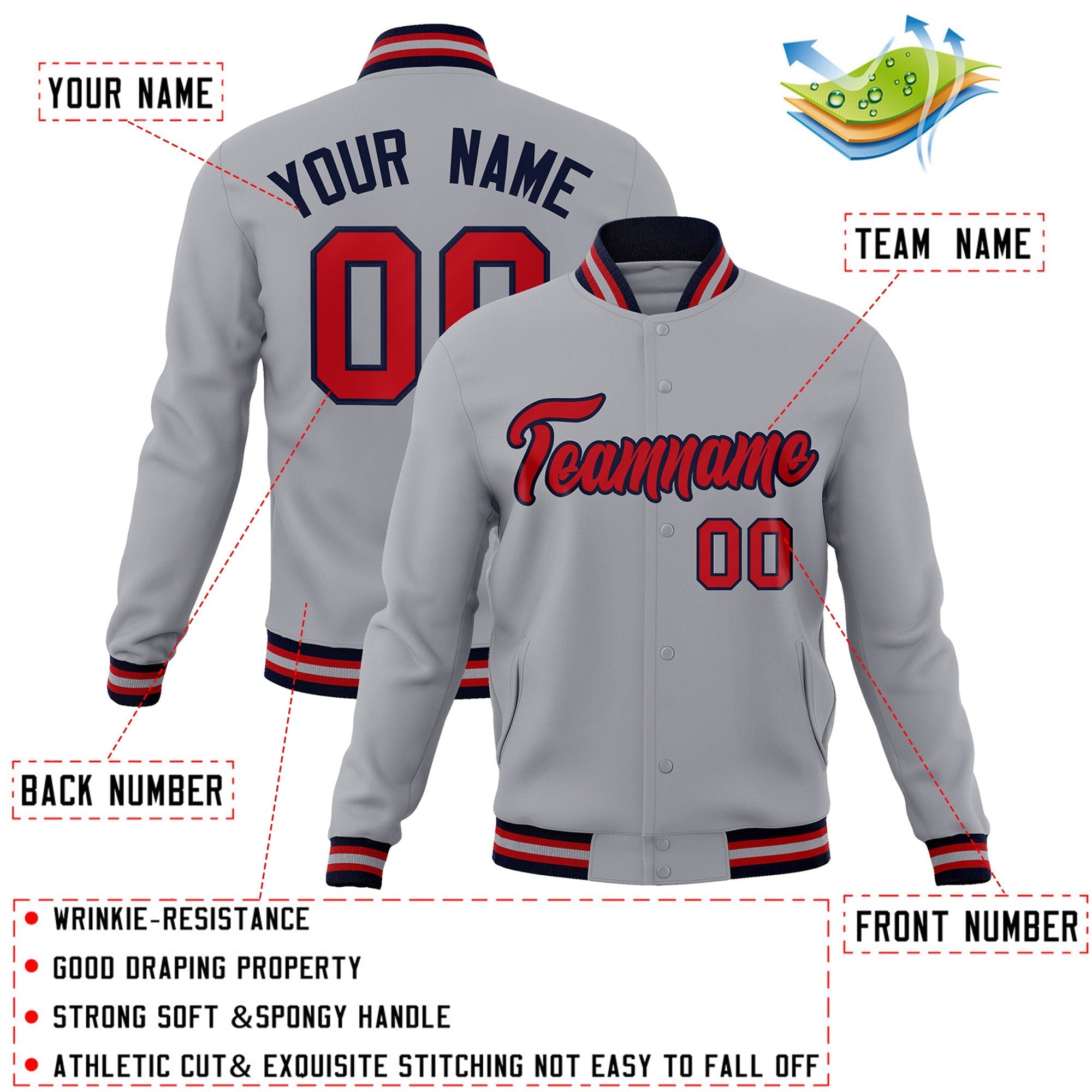 Custom Gray Red-Navy Classic Style Varsity Full-Snap Letterman Jacket