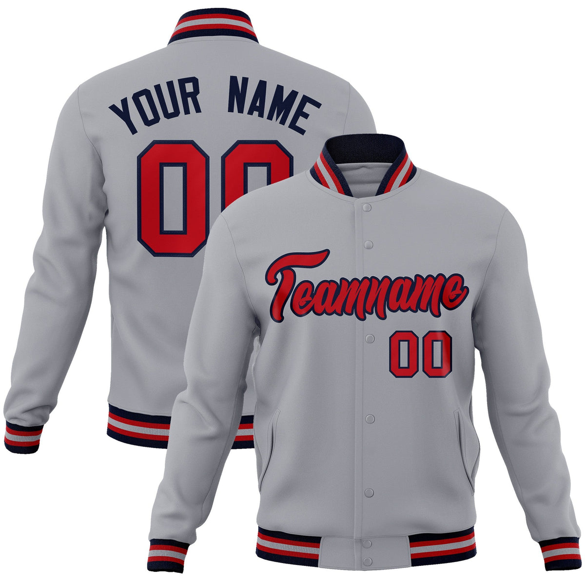Custom Gray Red-Navy Classic Style Varsity Full-Snap Letterman Jacket