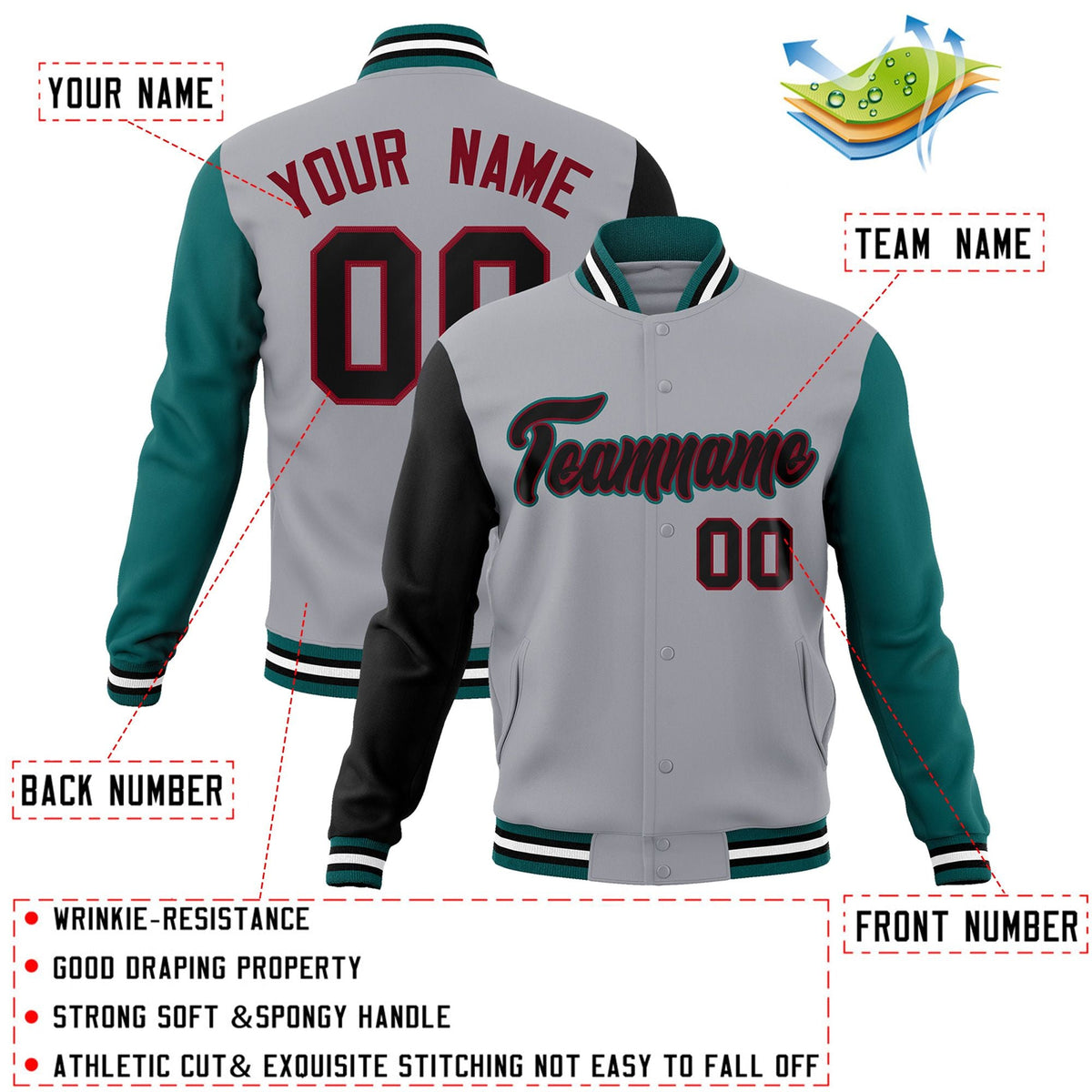 Custom Gray Black-Crimson Raglan Sleeves Varsity Full-Snap Letterman Jacket
