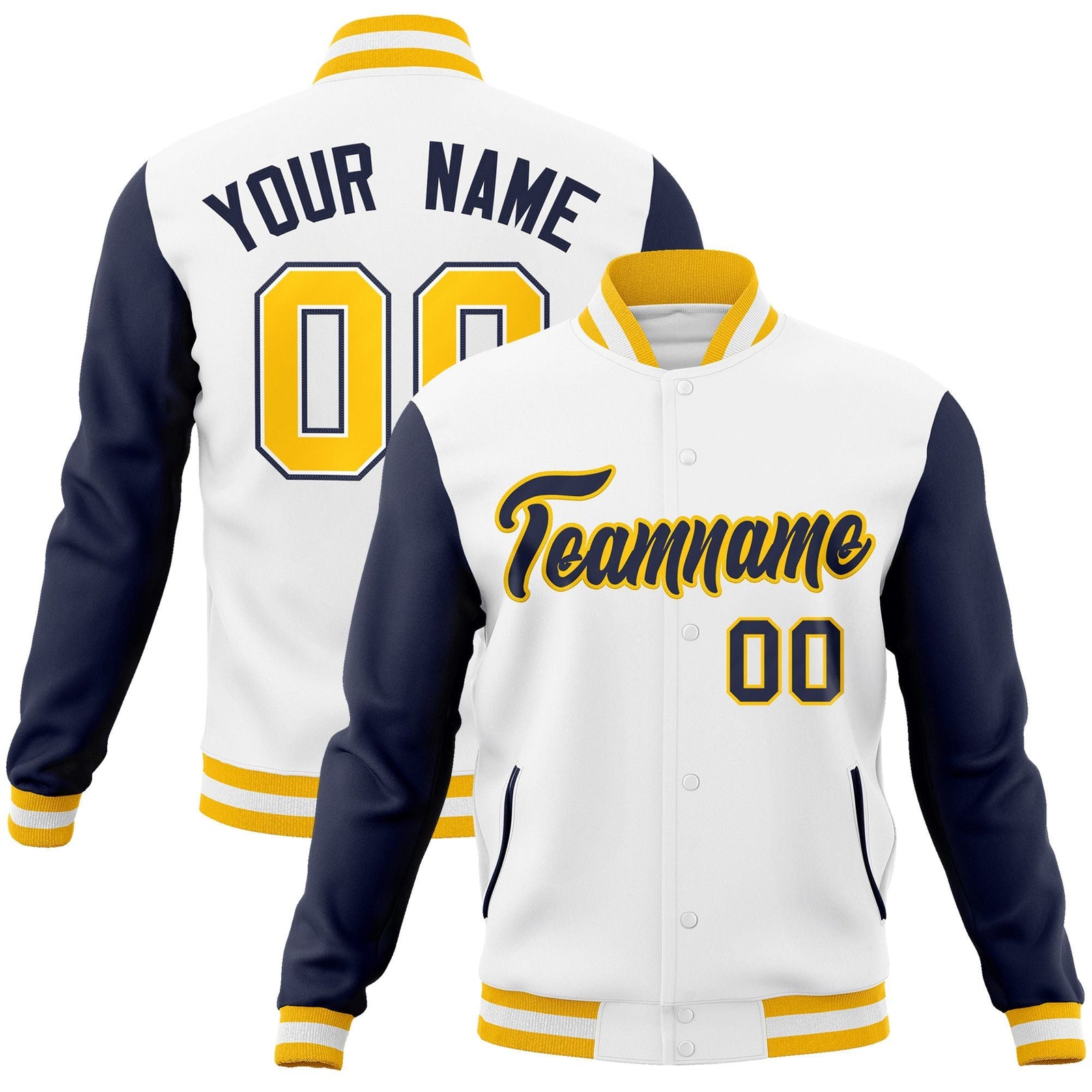 Custom White Navy-Gold Raglan Sleeves Varsity Full-Snap Letterman Jacket