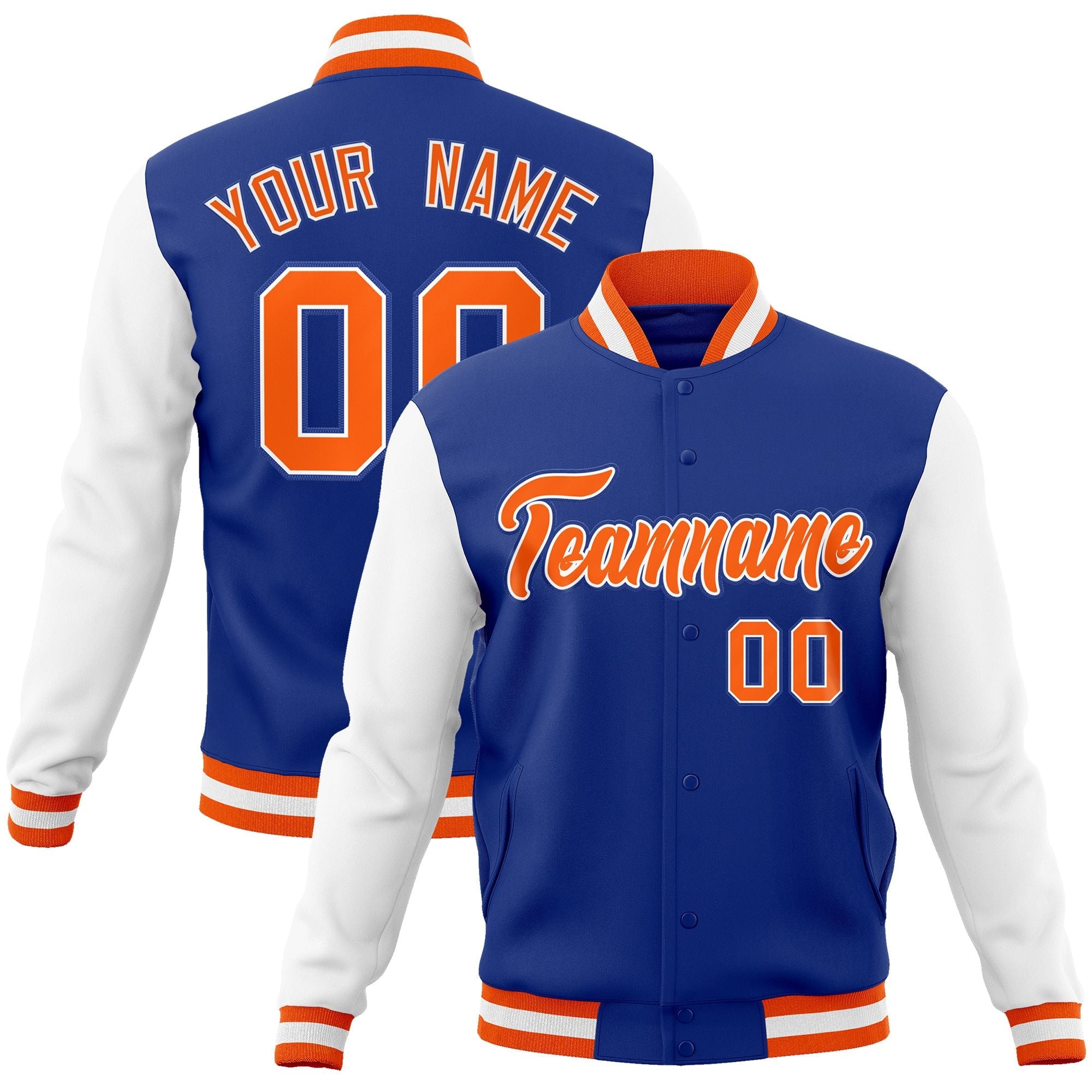 Custom Royal Orange-White Raglan Sleeves Varsity Full-Snap Letterman Jacket