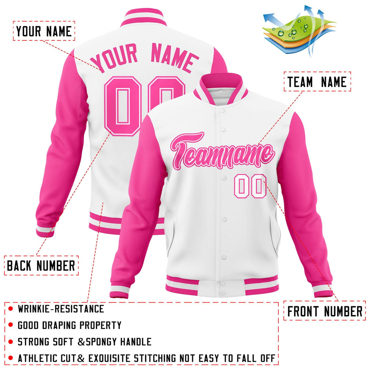 Custom White Pink-White Raglan Sleeves Varsity Full-Snap Letterman Jacket