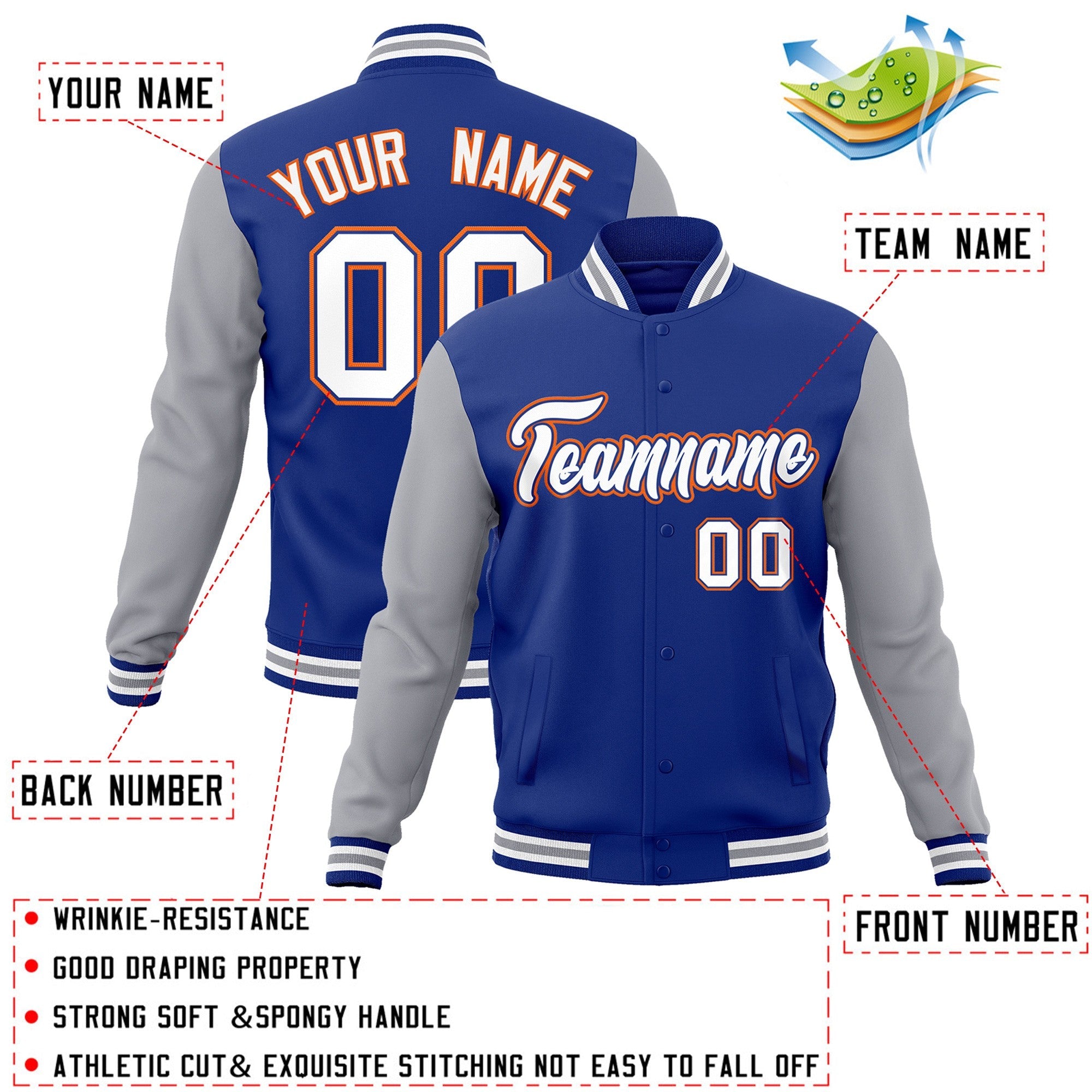 Custom Royal White-Royal Raglan Sleeves Varsity Full-Snap Letterman Jacket