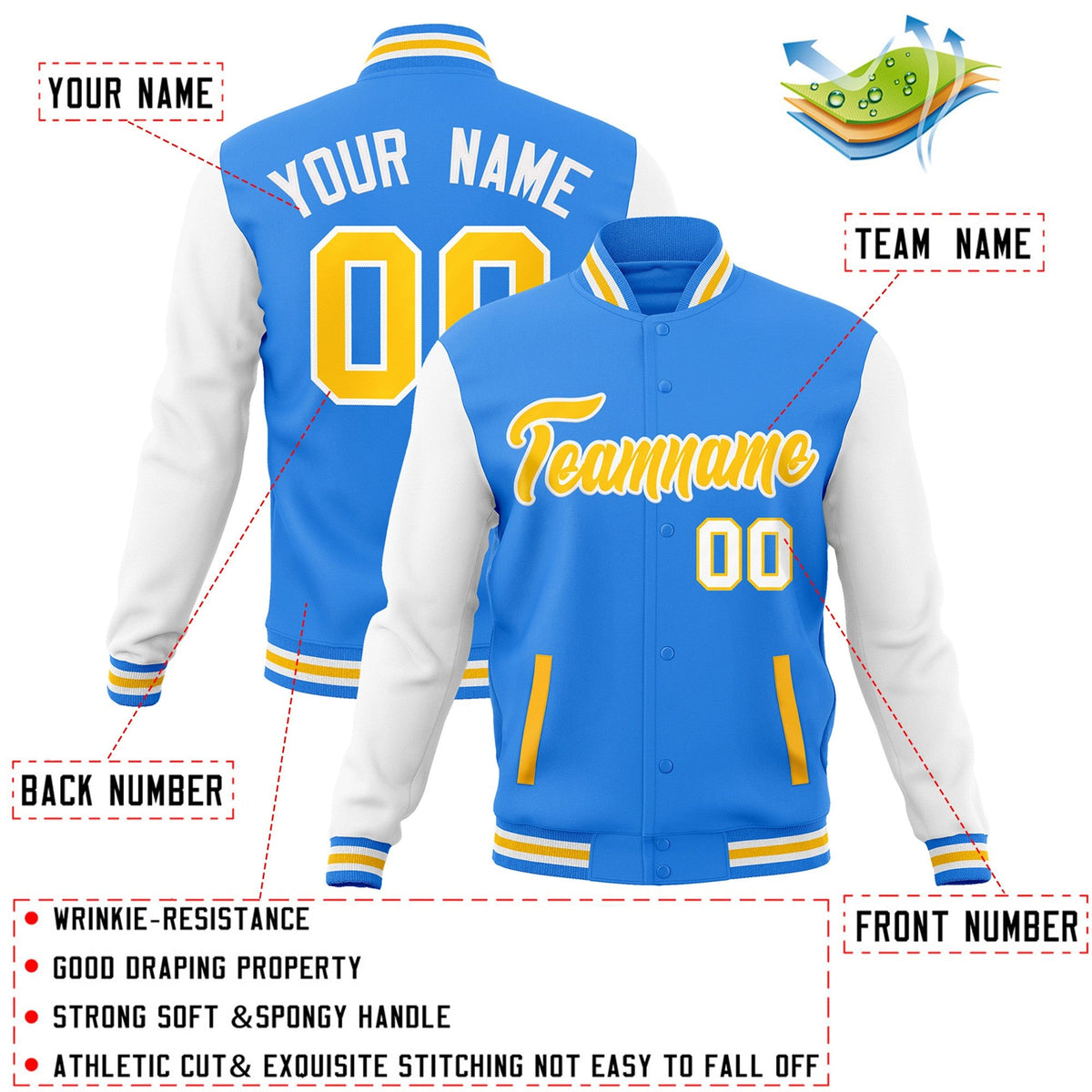 Custom Powder Blue Gold-White Raglan Sleeves Varsity Full-Snap Letterman Jacket