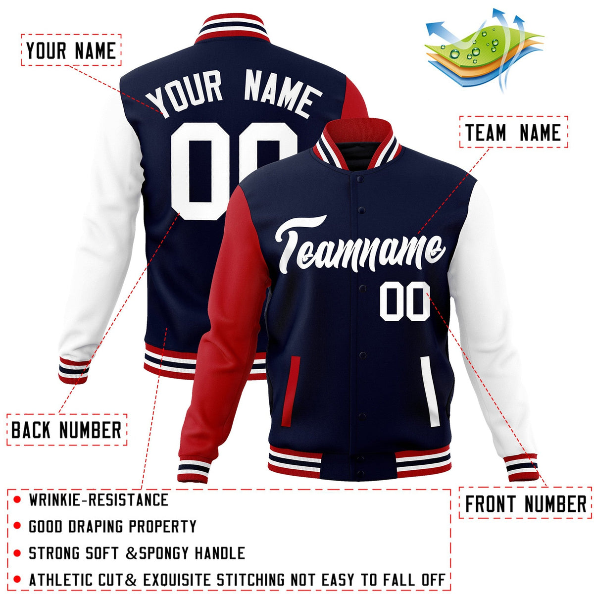 Custom Navy White Raglan Sleeves Varsity Full-Snap Letterman Jacket