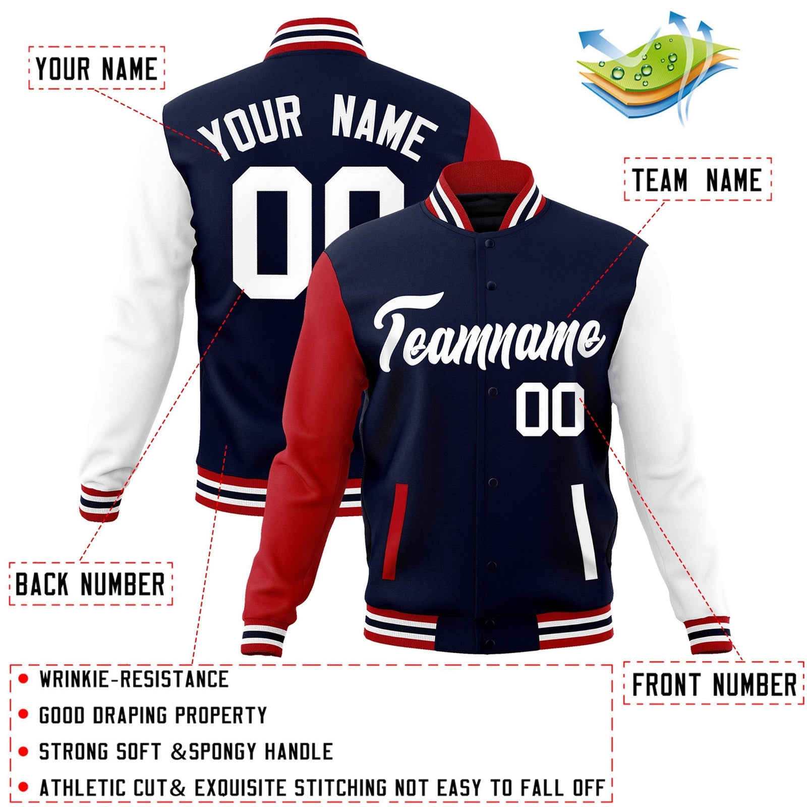 Custom Navy White Raglan Sleeves Varsity Full-Snap Letterman Jacket
