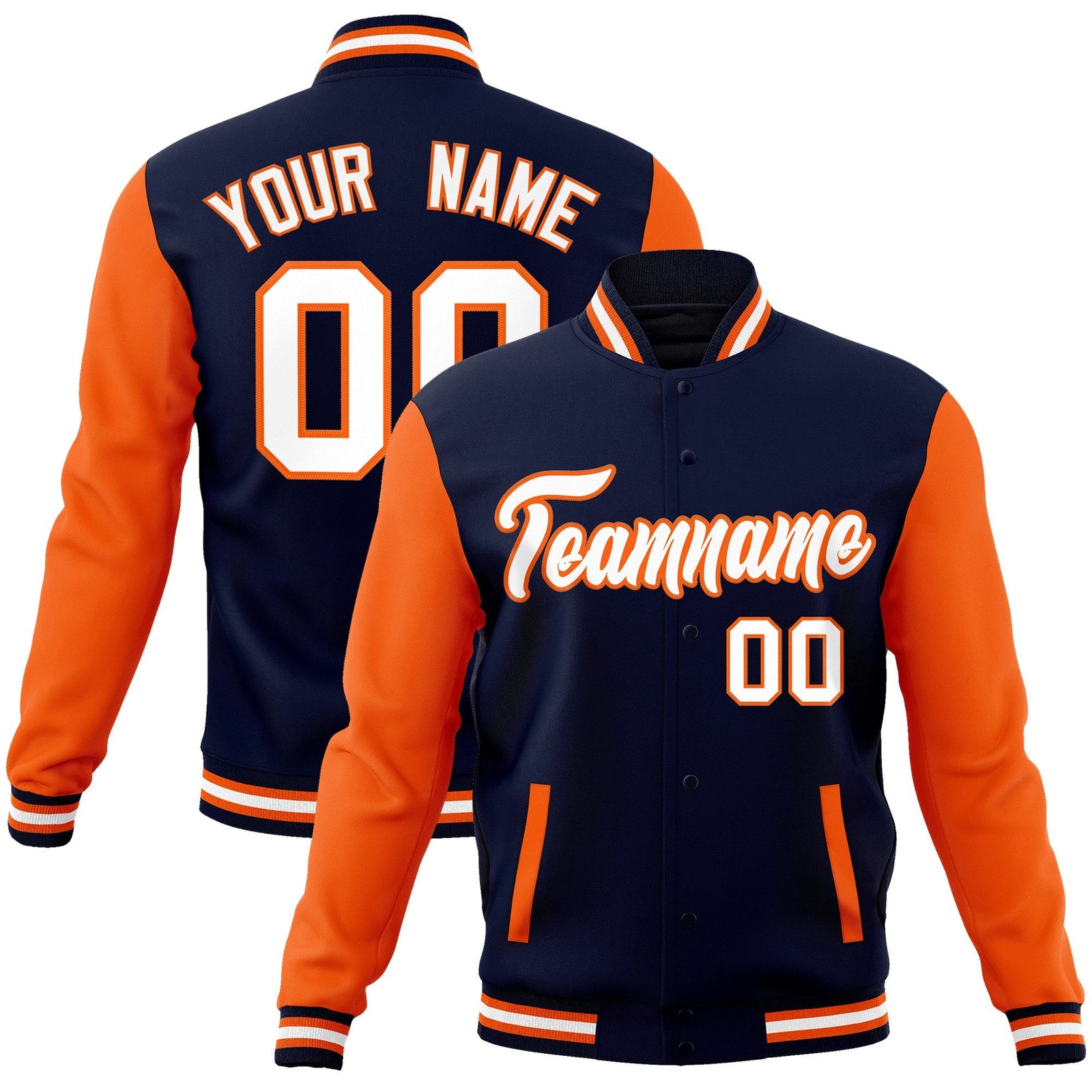 Custom Navy White-Orange Raglan Sleeves Varsity Full-Snap Letterman Jacket