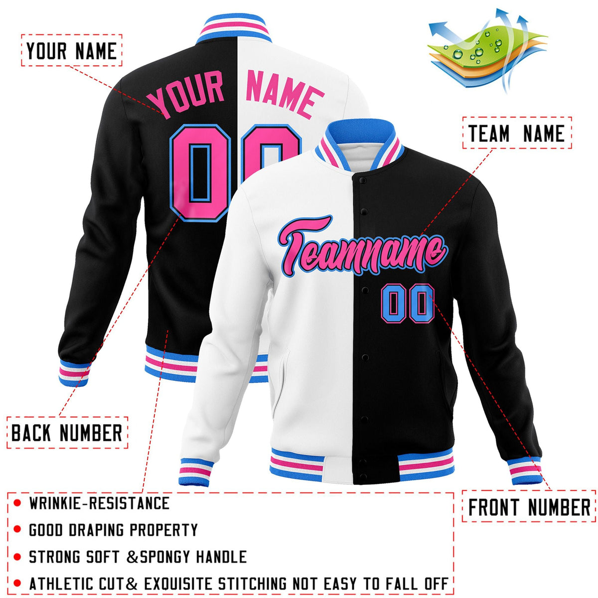Custom White Black-Pink Varsity Full-Snap Letterman Two Tone Split Fashion Jacket