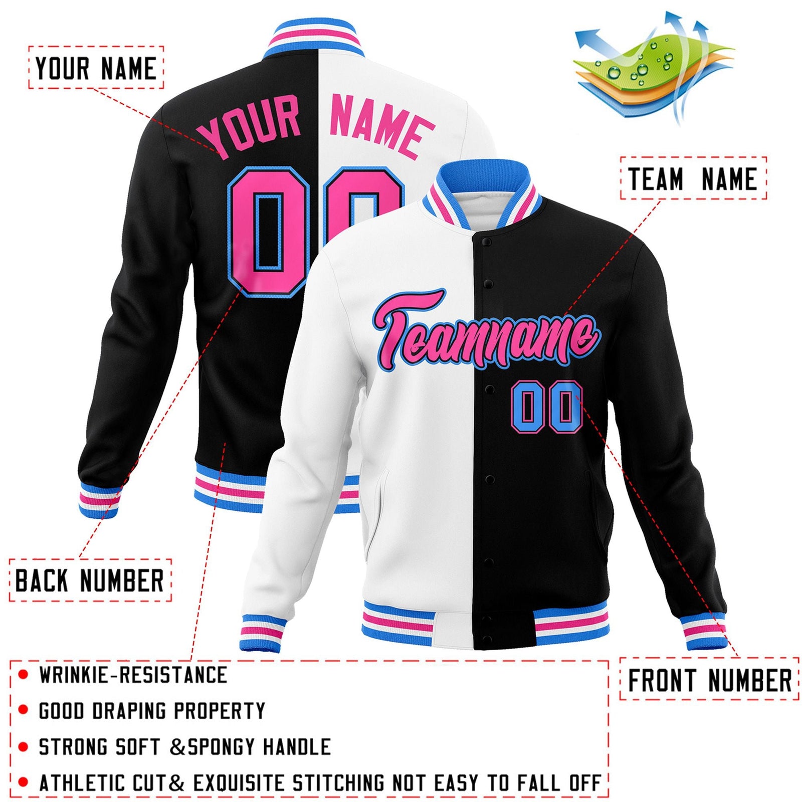 Custom White Black-Pink Varsity Full-Snap Letterman Two Tone Split Fashion Jacket