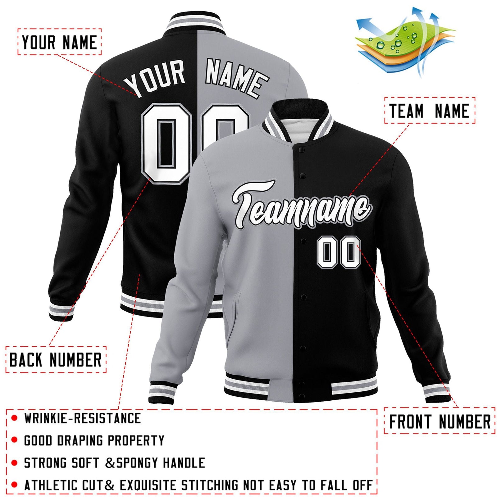Custom Gray Black-White Varsity Full-Snap Letterman Two Tone Split Fashion Jacket