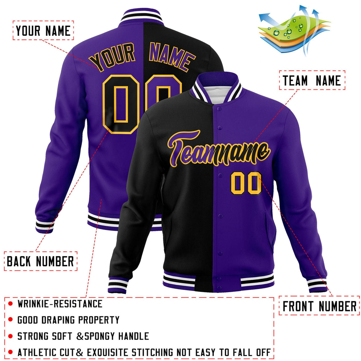 Custom Black Purple-Purple Varsity Full-Snap Letterman Two Tone Split Fashion Jacket