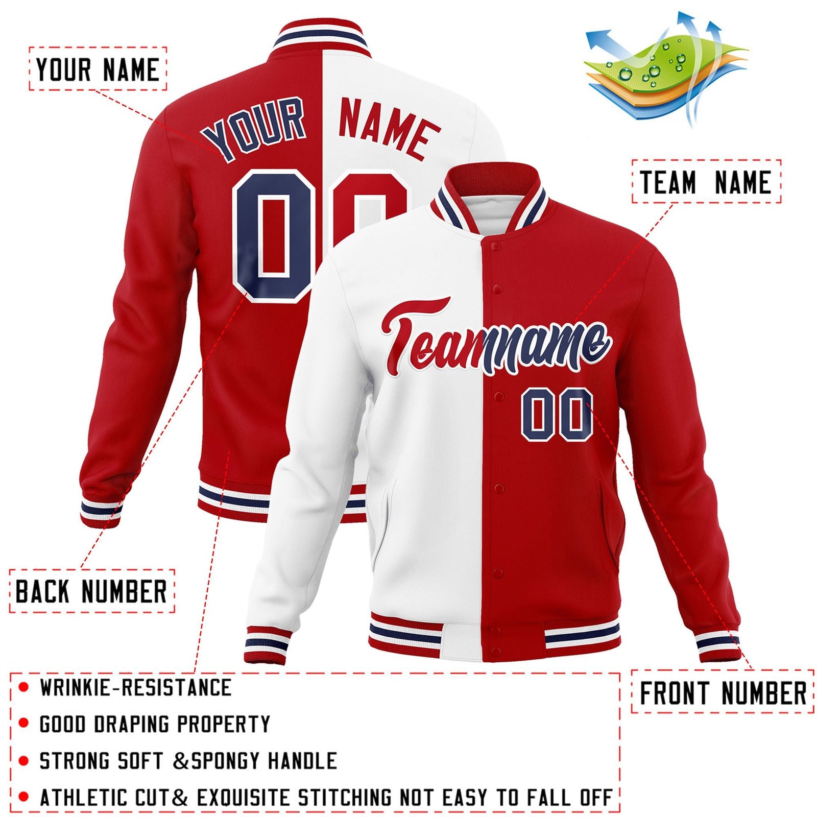 Custom White Red-Red Varsity Full-Snap Letterman Two Tone Split Fashion Jacket