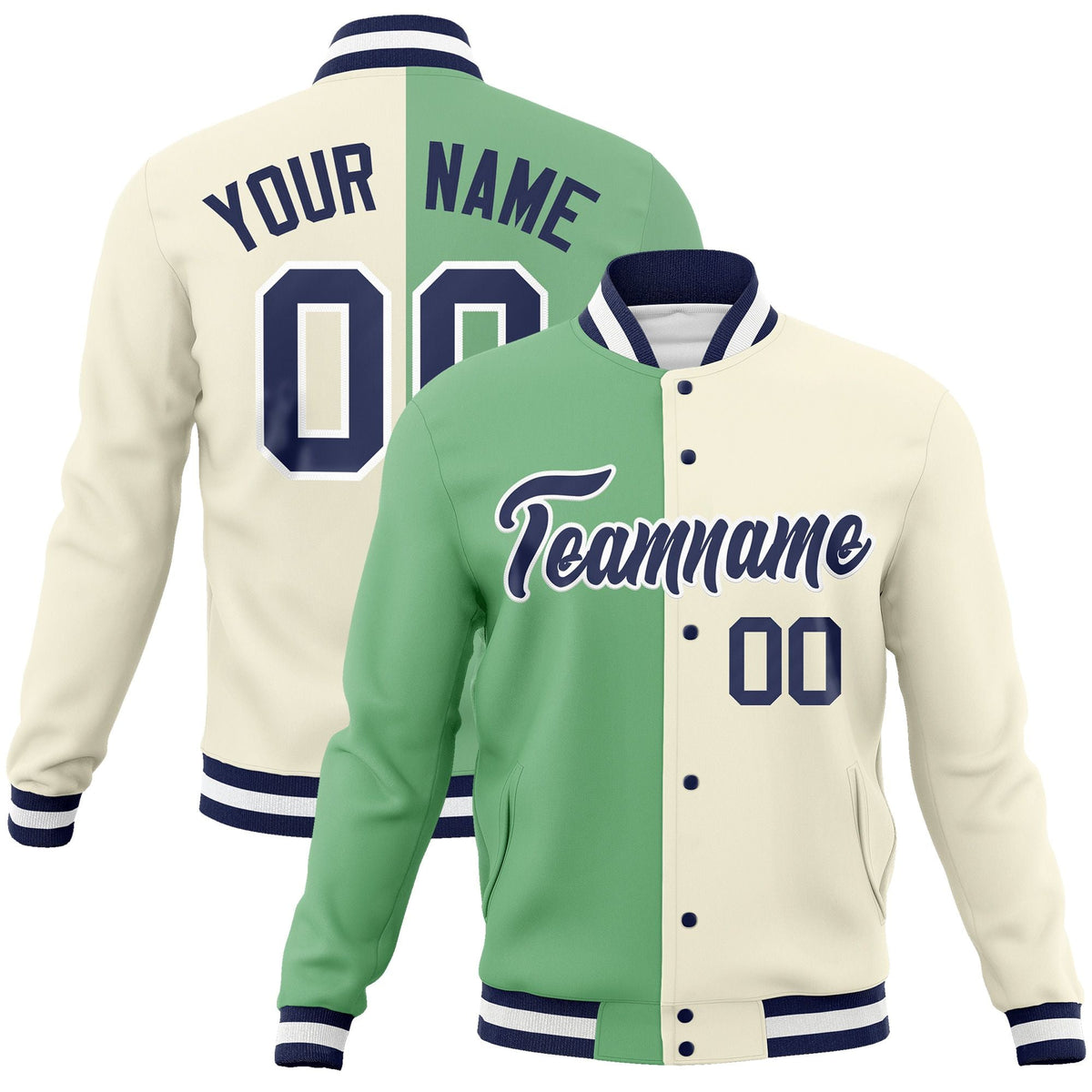 Custom Green Khaki-Navy Varsity Full-Snap Letterman Two Tone Split Fashion Jacket