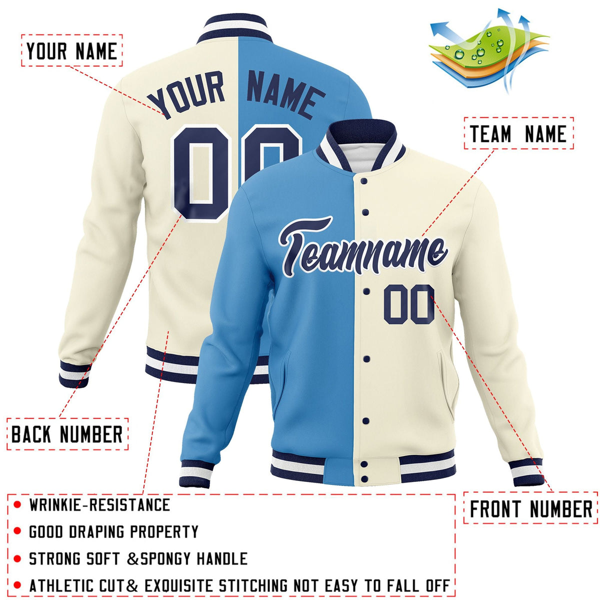 Custom Light Blue Khaki-Navy Varsity Full-Snap Letterman Two Tone Split Fashion Jacket