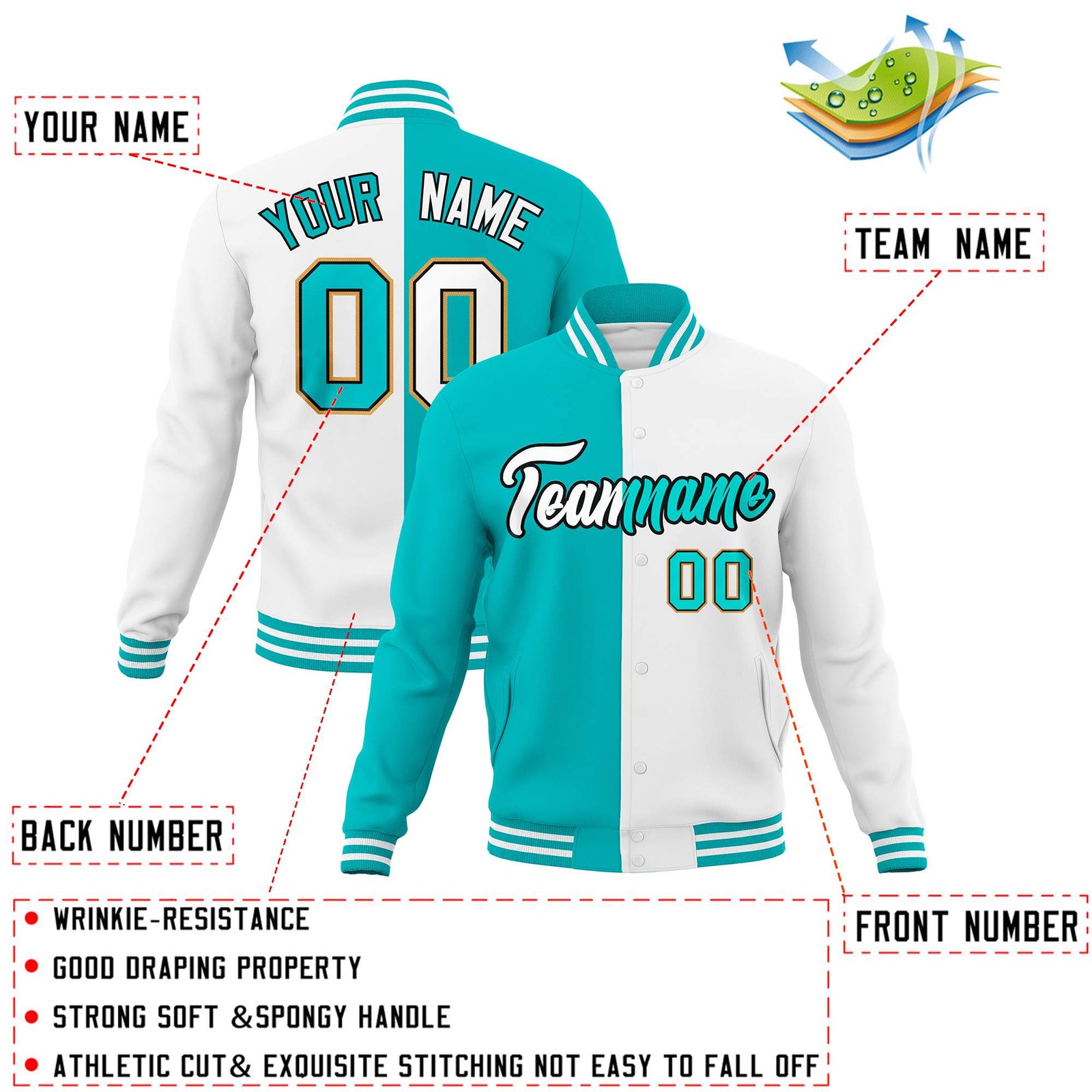 Custom Aqua White Varsity Full-Snap Letterman Two Tone Split Fashion Jacket