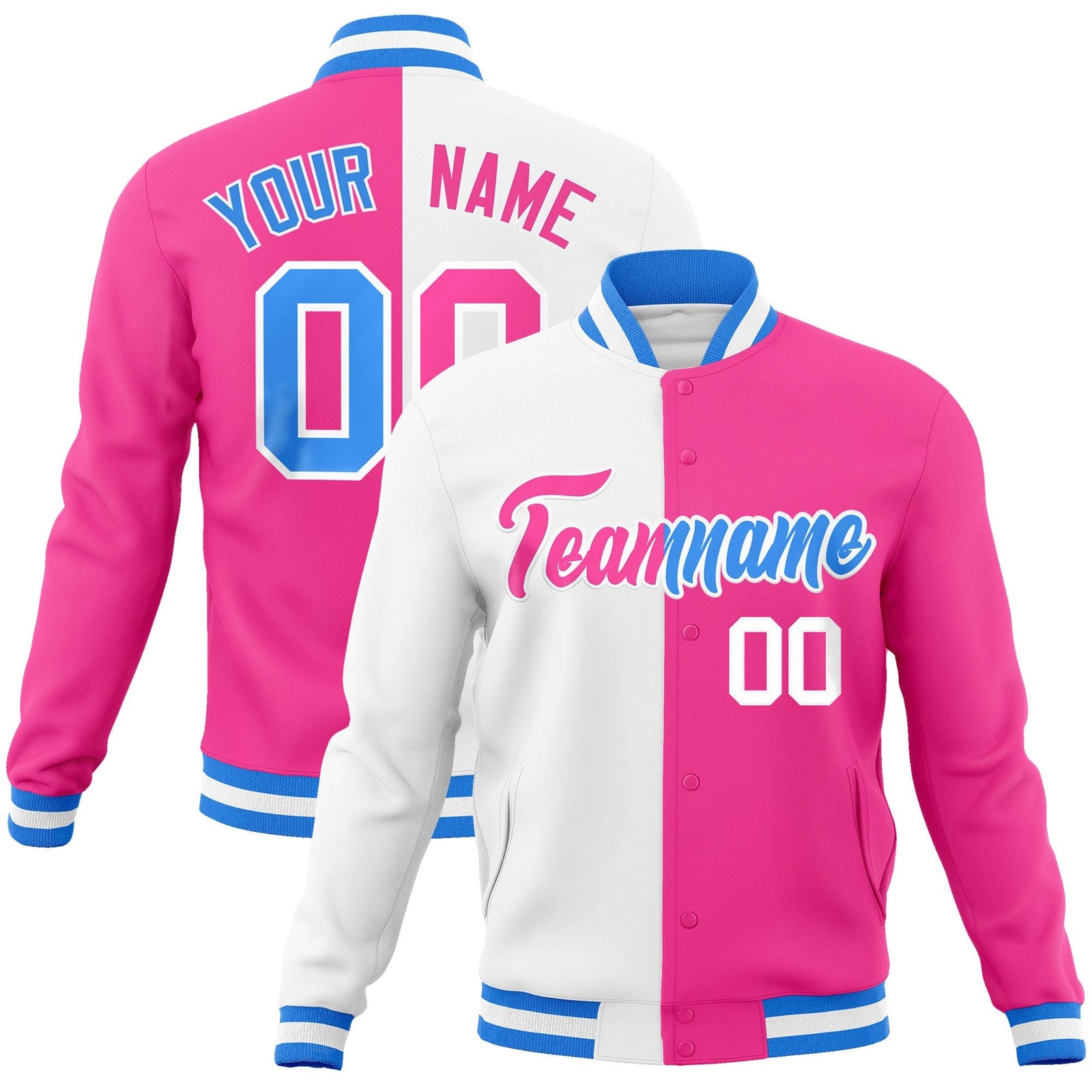 Custom White Pink-Pink Varsity Full-Snap Letterman Two Tone Split Fashion Jacket