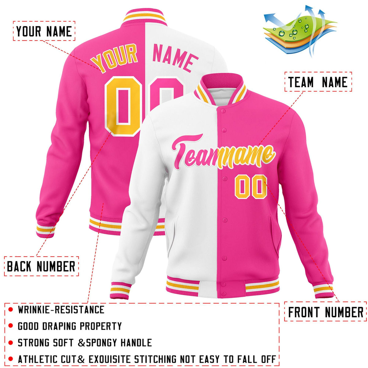Custom White Pink-Pink Varsity Full-Snap Letterman Two Tone Split Fashion Jacket