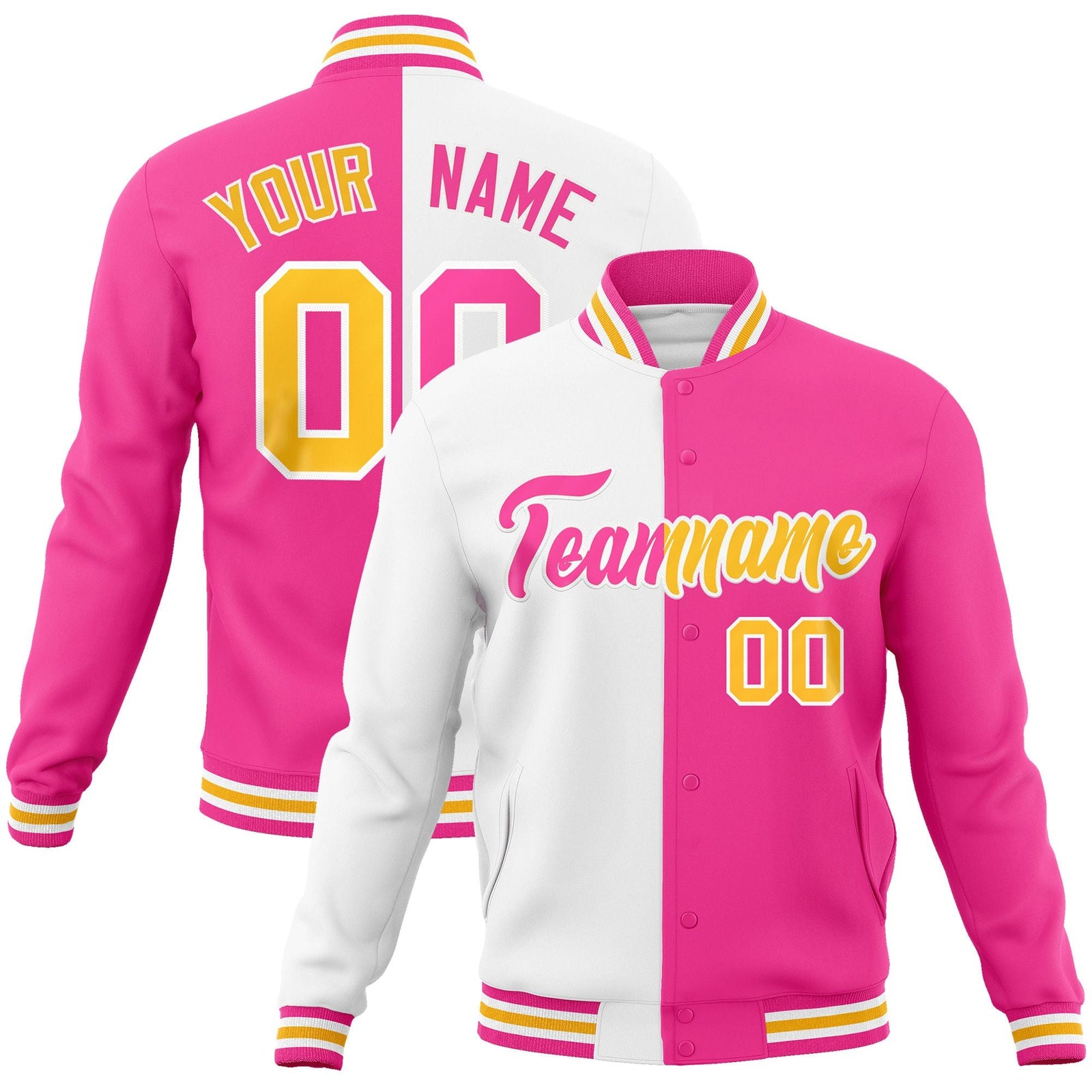 Custom White Pink-Pink Varsity Full-Snap Letterman Two Tone Split Fashion Jacket