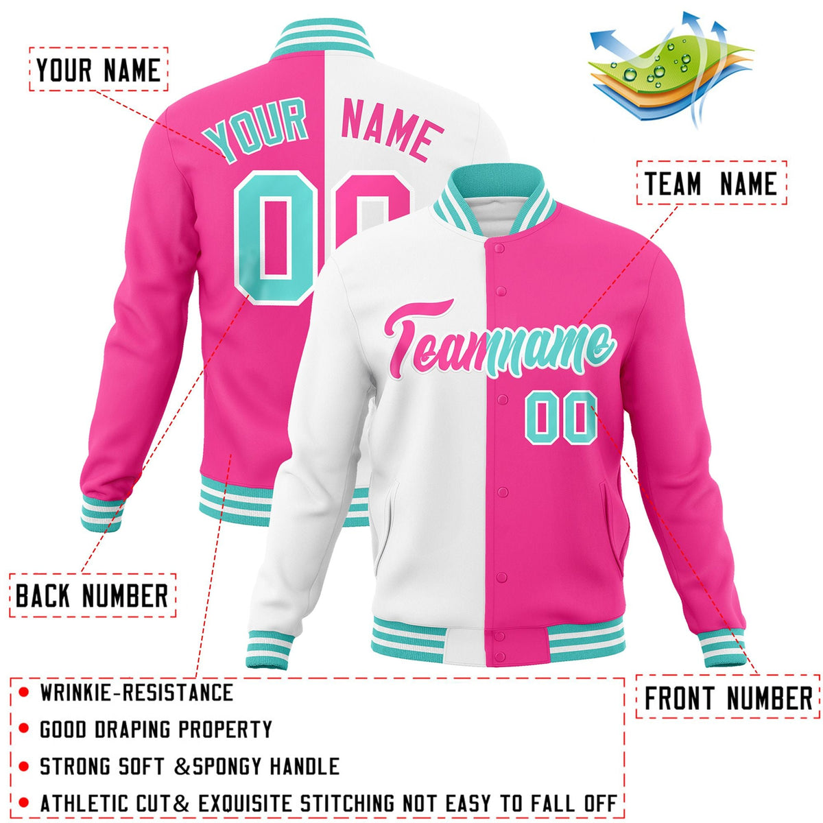 Custom White Pink-Pink Varsity Full-Snap Letterman Two Tone Split Fashion Jacket