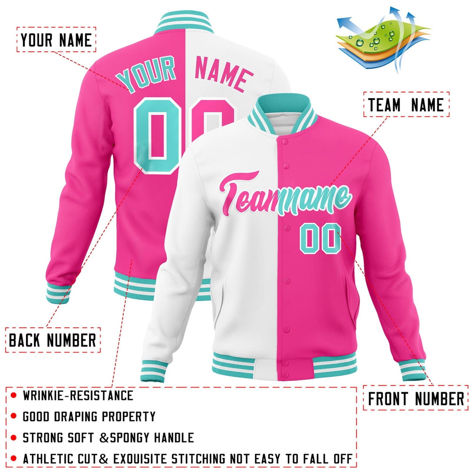 Custom White Pink-Pink Varsity Full-Snap Letterman Two Tone Split Fashion Jacket