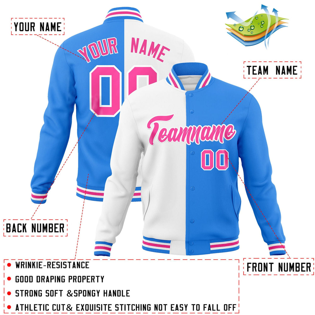 Custom White Powder Blue-Pink Varsity Full-Snap Letterman Two Tone Split Fashion Jacket