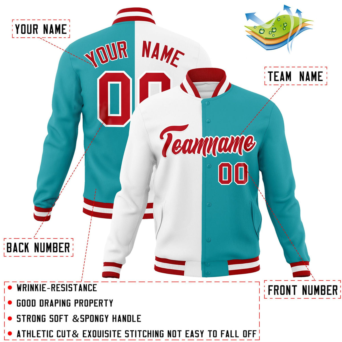 Custom White Aqua-Red Varsity Full-Snap Letterman Two Tone Split Fashion Jacket