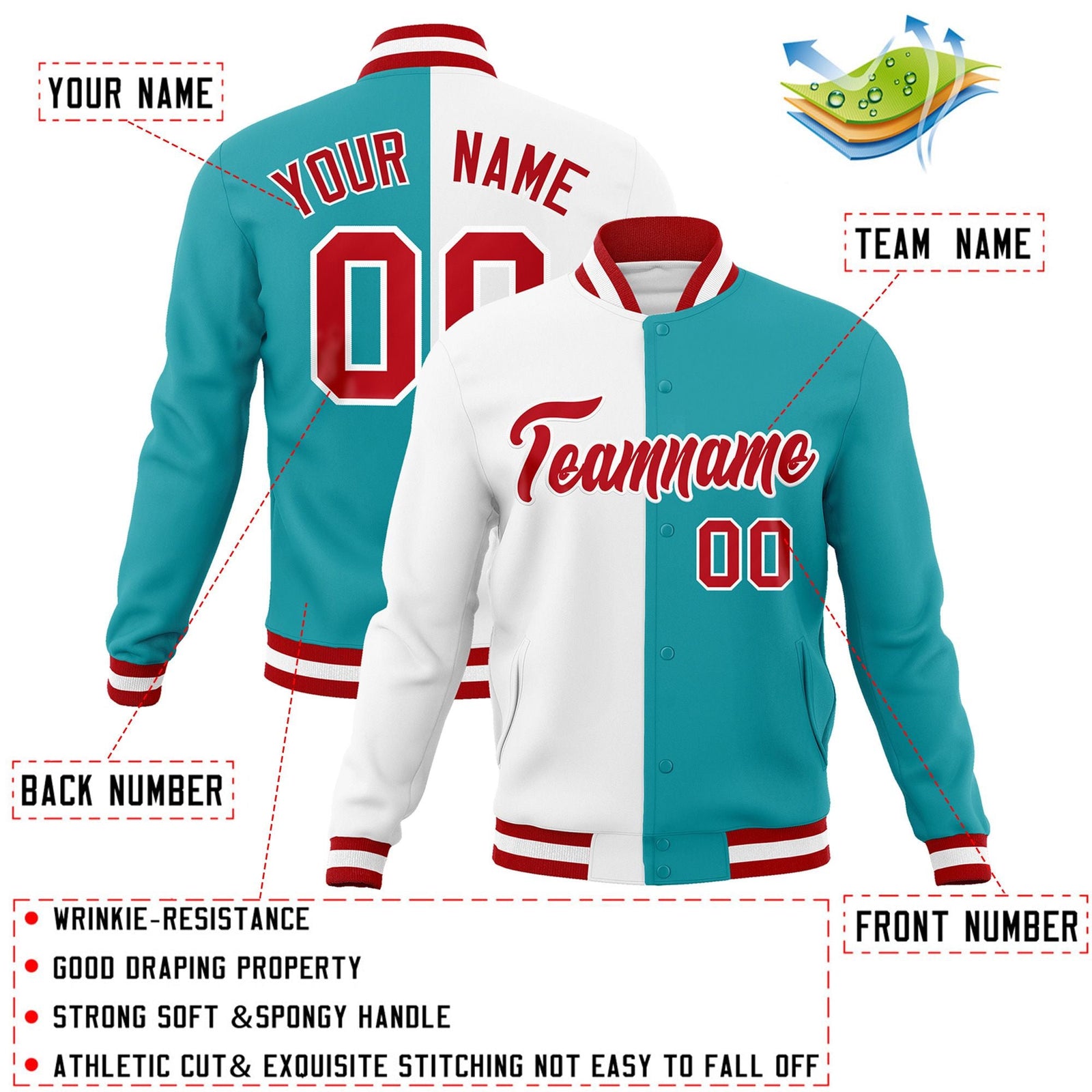 Custom White Aqua-Red Varsity Full-Snap Letterman Two Tone Split Fashion Jacket