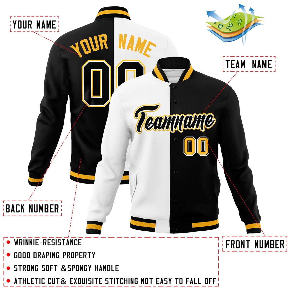 Custom White Black-Black Varsity Full-Snap Letterman Two Tone Split Fashion Jacket