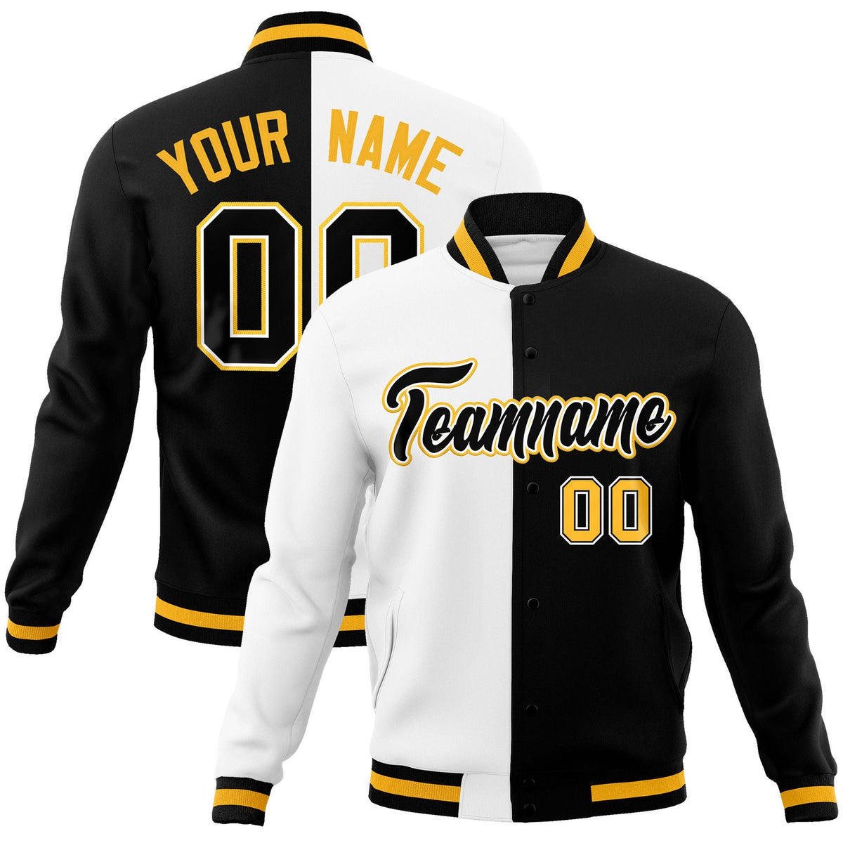 Custom White Black-Black Varsity Full-Snap Letterman Two Tone Split Fashion Jacket