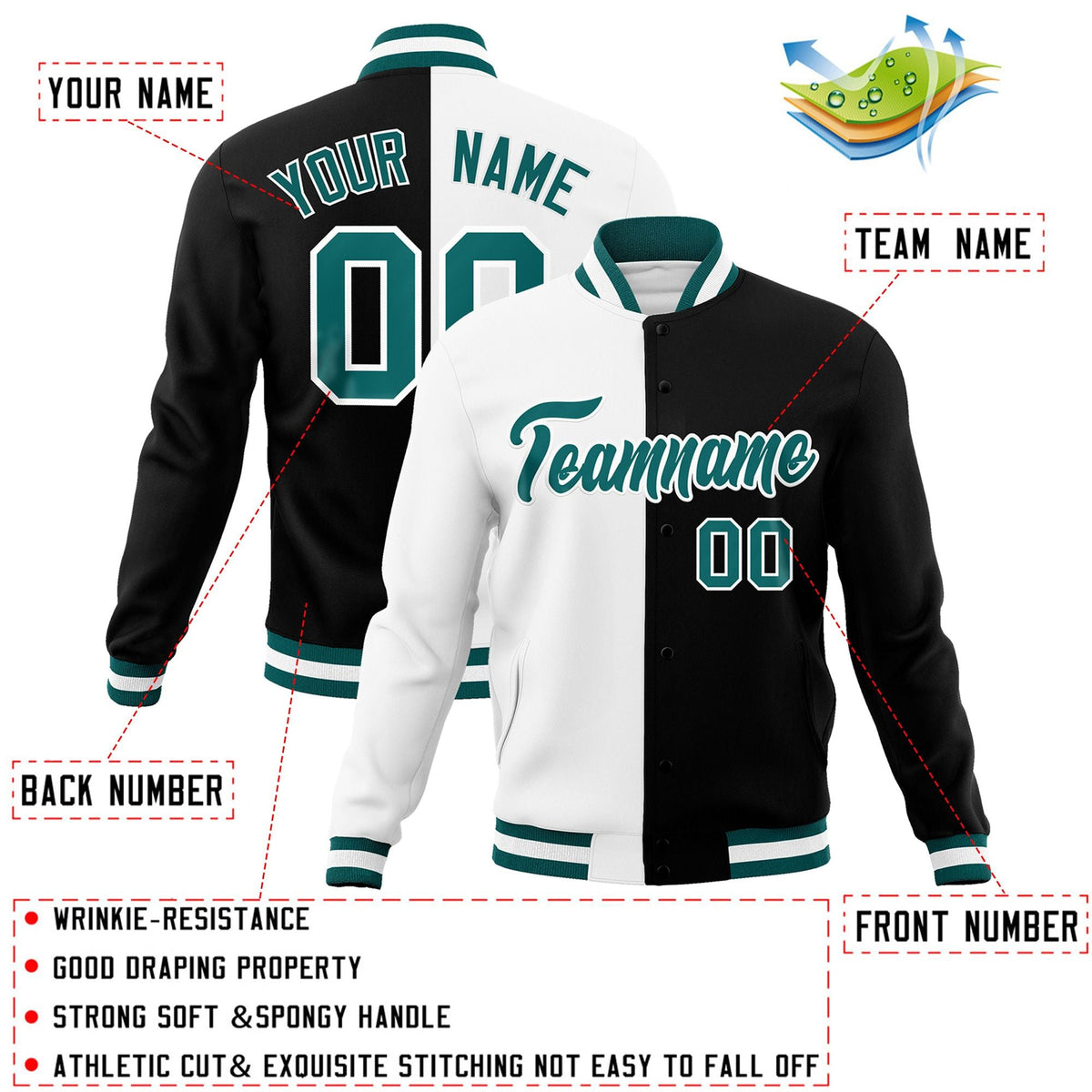 Custom White Black-Aqua Varsity Full-Snap Letterman Two Tone Split Fashion Jacket