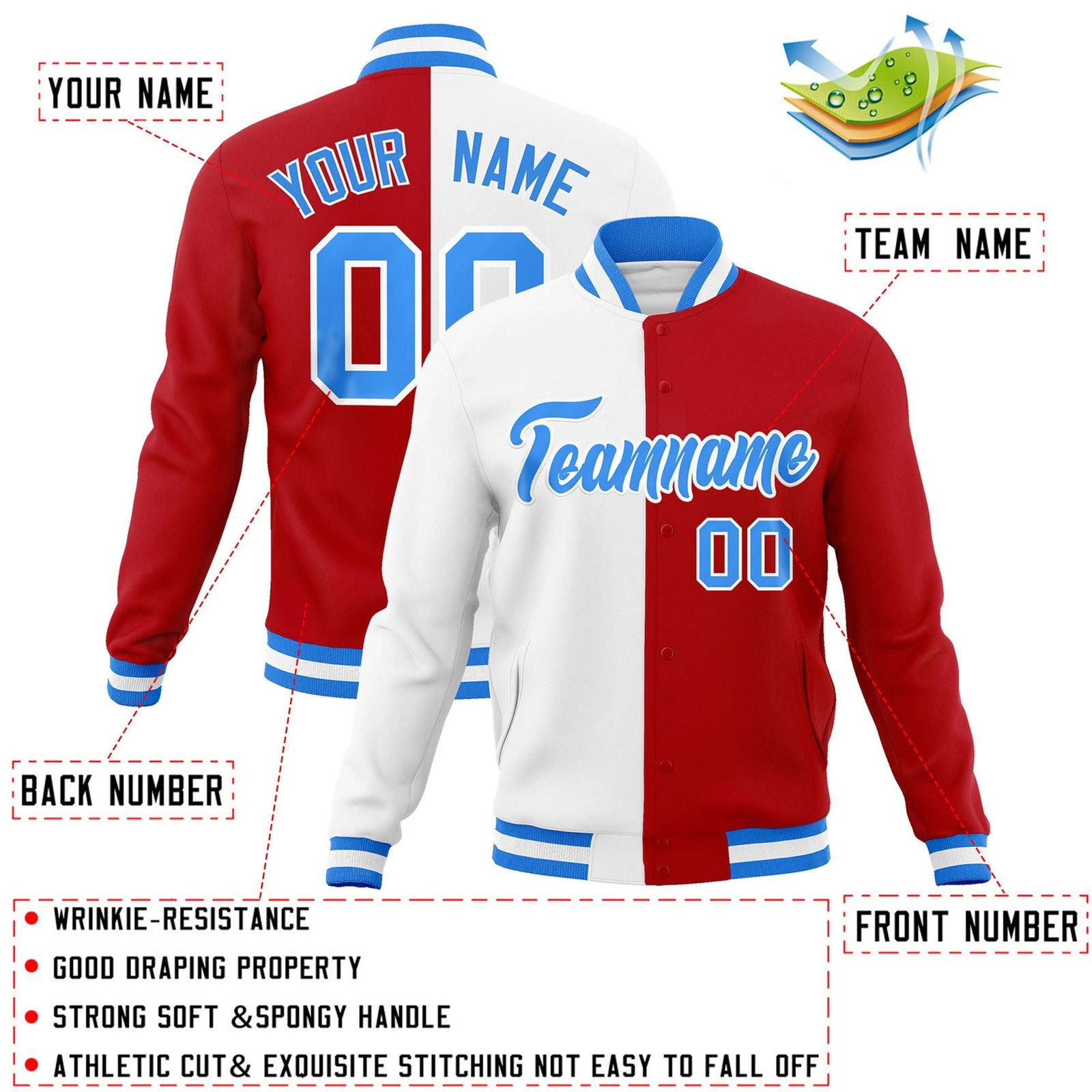 Custom White Red-Powder Blue Varsity Full-Snap Letterman Two Tone Split Fashion Jacket