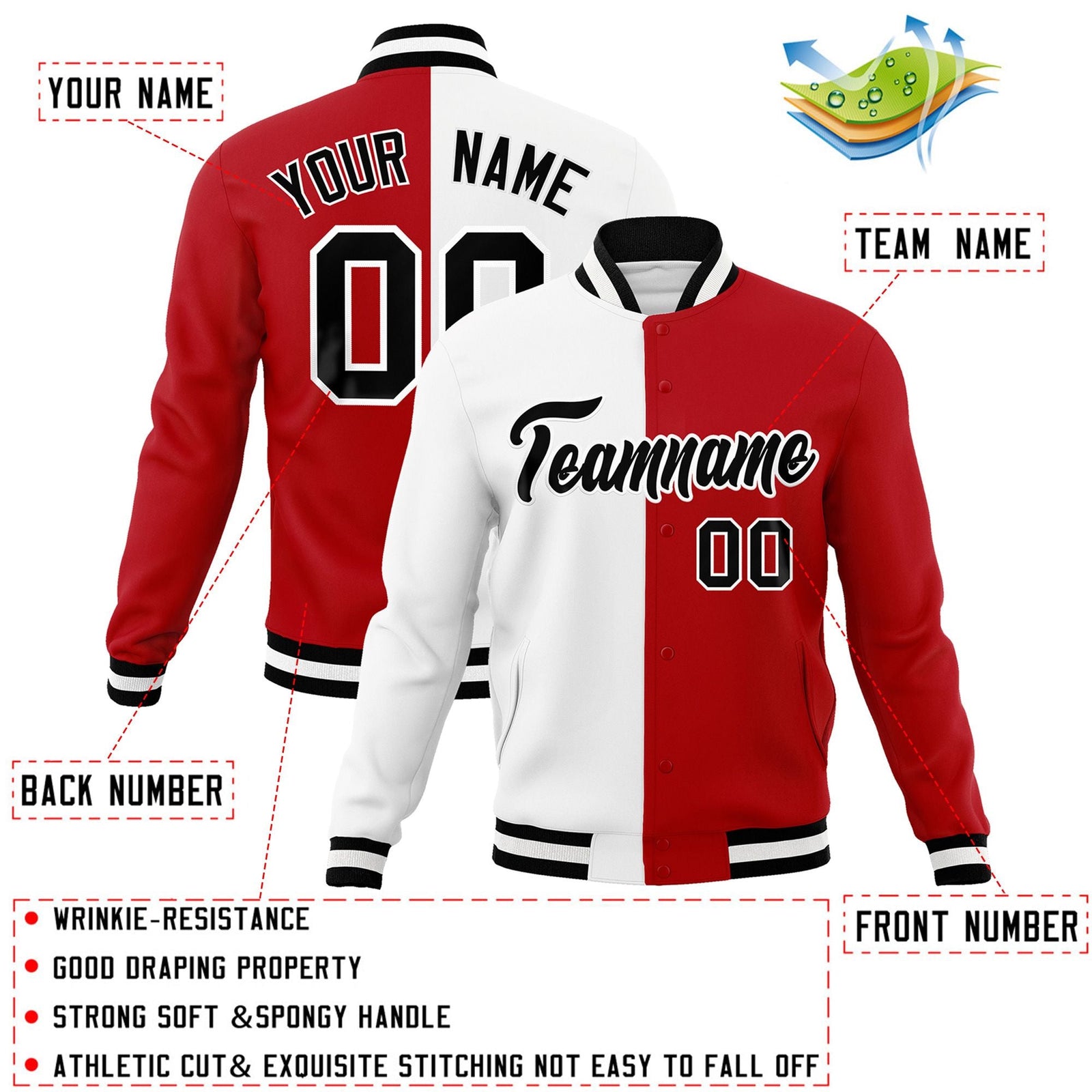 Custom White Red-Black Varsity Full-Snap Letterman Two Tone Split Fashion Jacket
