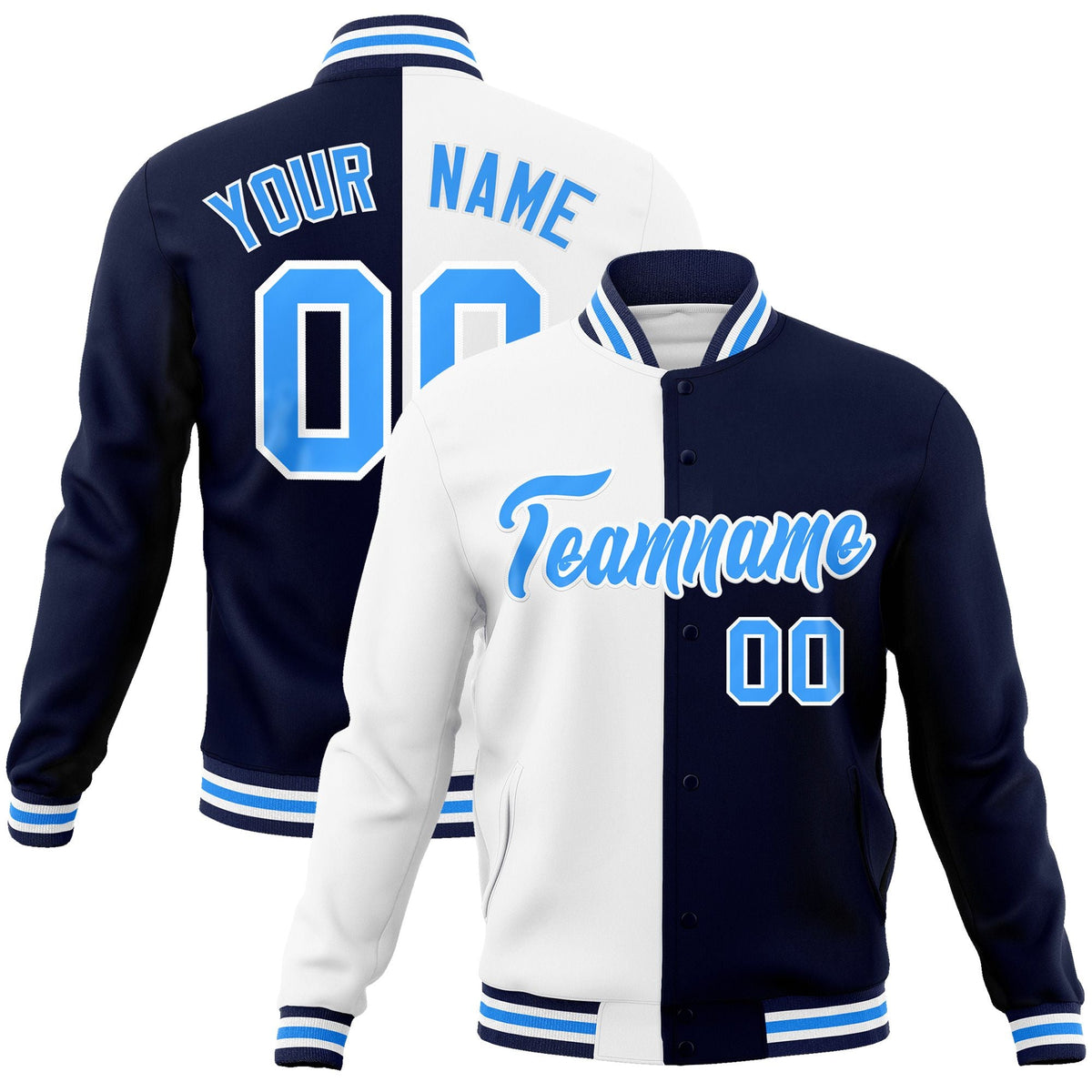 Custom White Navy-Powder Blue Varsity Full-Snap Letterman Two Tone Split Fashion Jacket