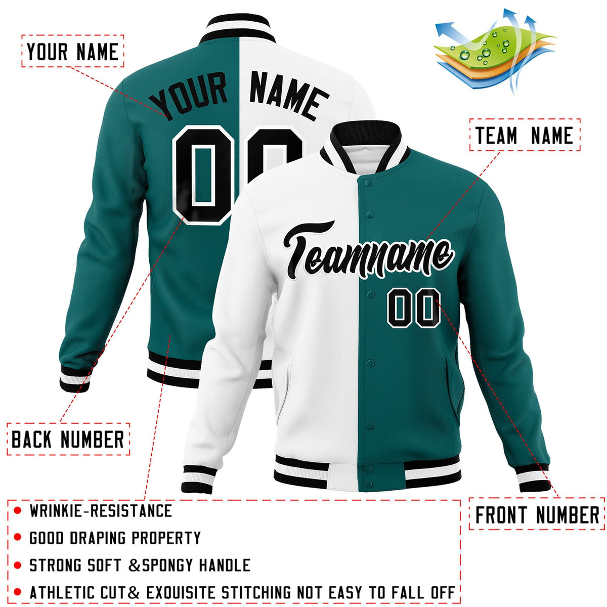 Custom White Aqua-Black Varsity Full-Snap Letterman Two Tone Split Fashion Jacket